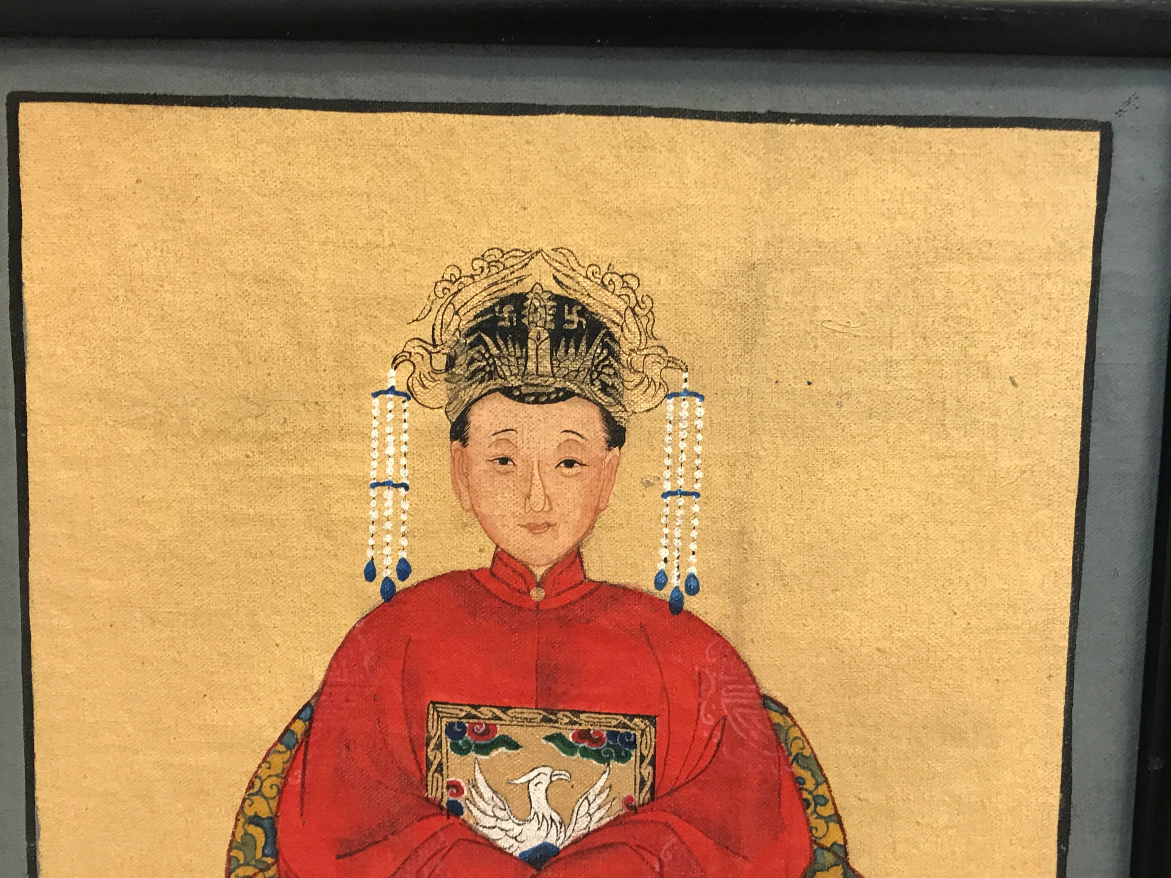 Hand-Painted 1960s Asian Emperor and Empress Framed Paintings, Pair For Sale