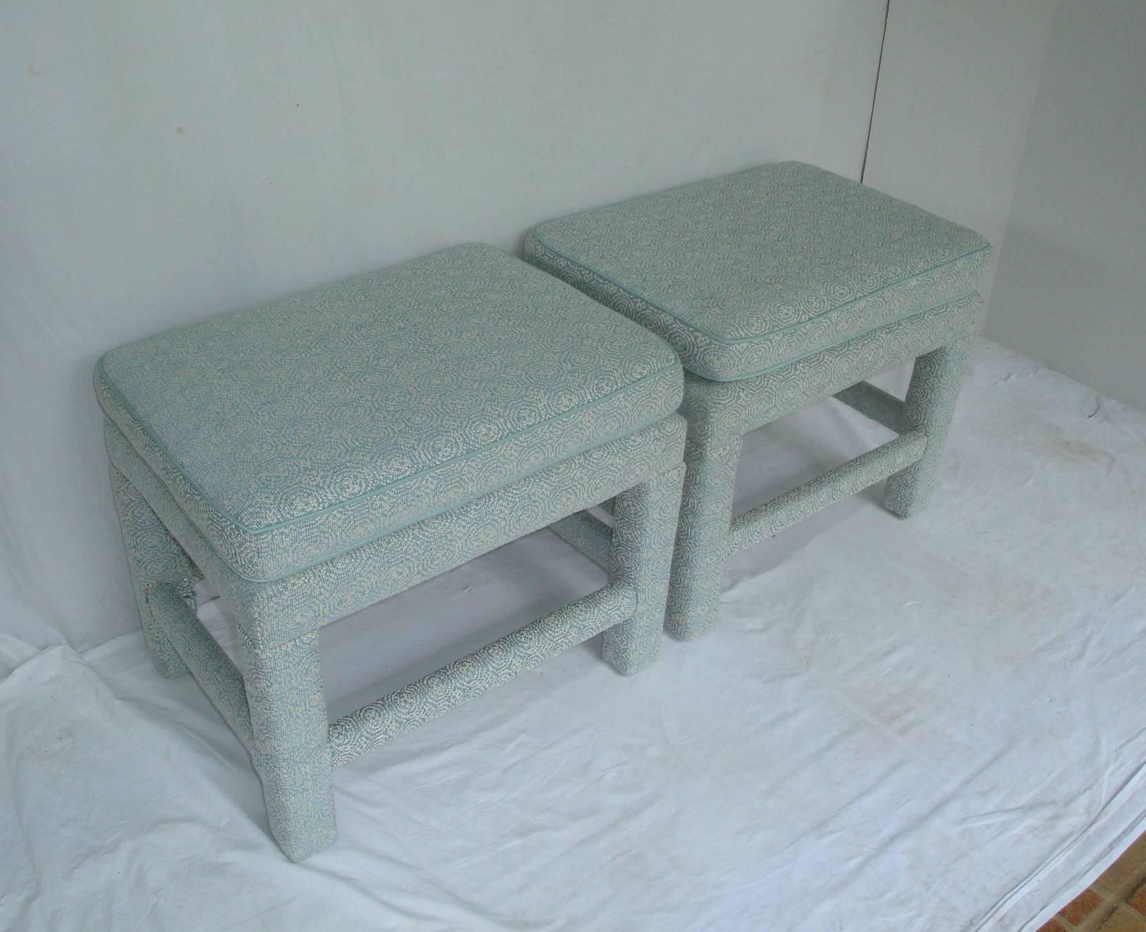 Offered is a stunning, pair of 1960s, Milo Baughman style Parsons stools. Recently reupholstered in a gorgeous slightly nubby soft blue and ivory linen blend fabric by Travers with an abstract circular geometric pattern. Complementary robin's egg