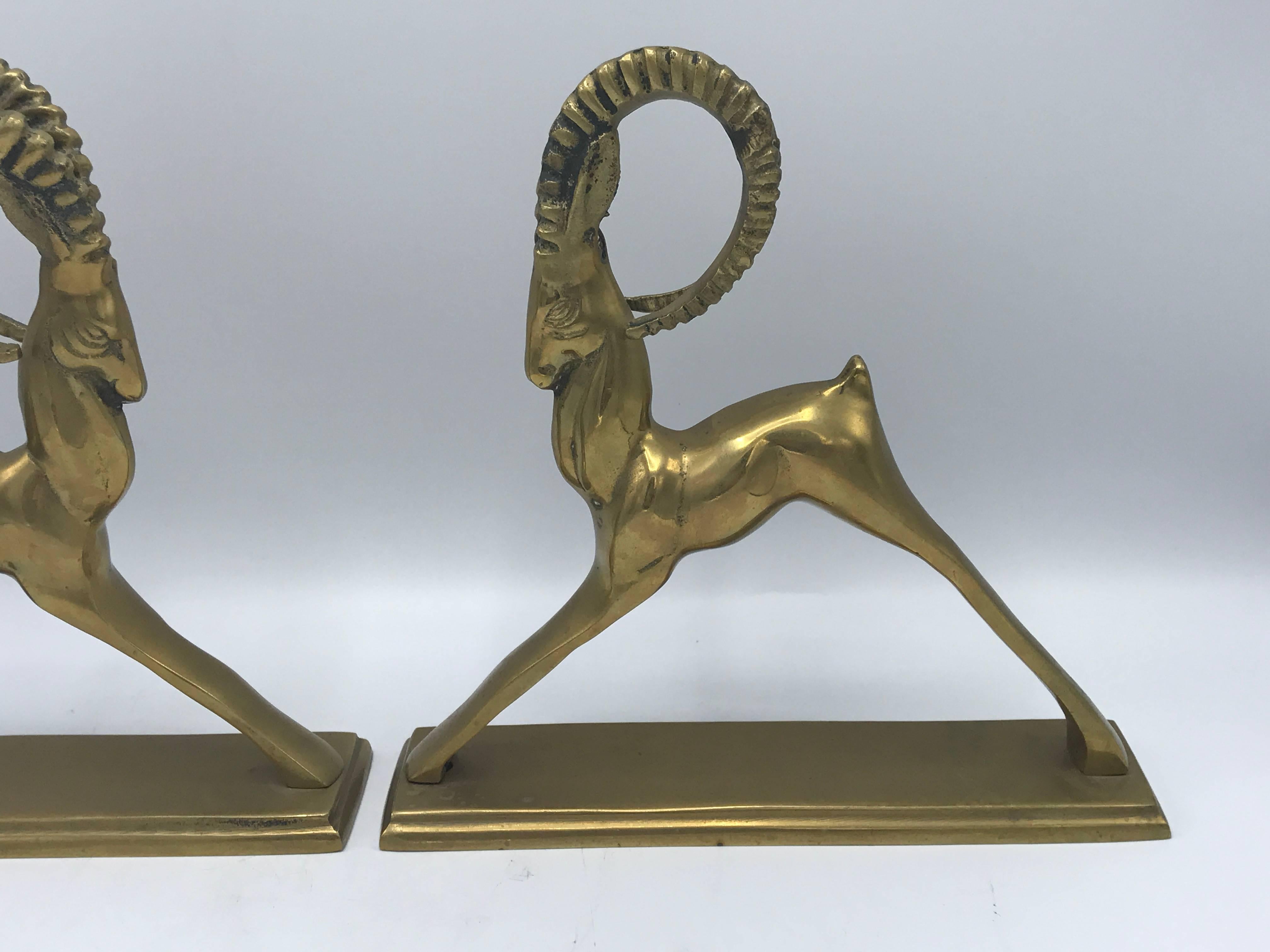 Mid-Century Modern 1960s Brass Ibex Sculpture Bookends, Pair