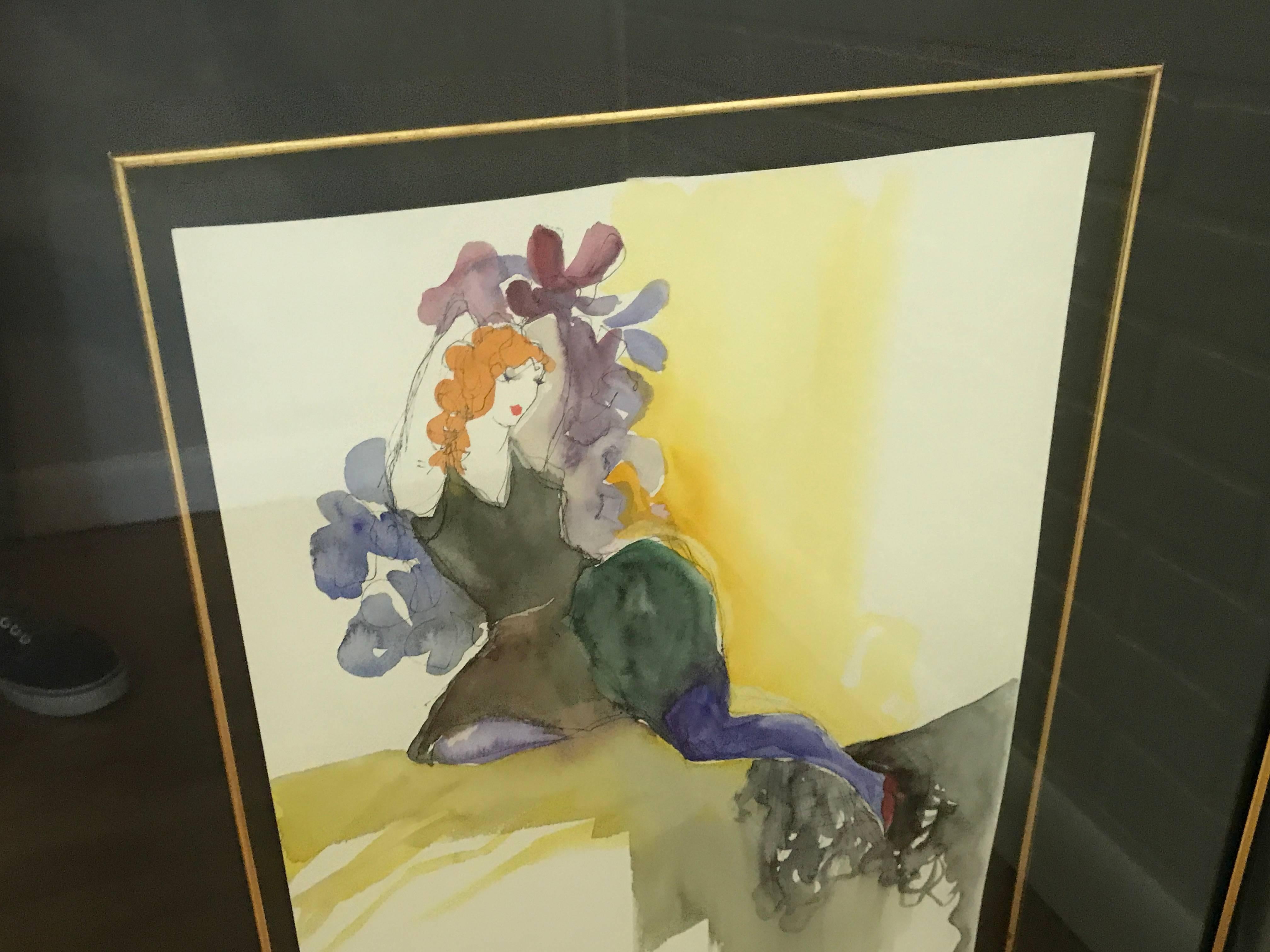Offered is a gorgeous, original 1970's/1980's Itzchak Tarkay abstract watercolor painting of a reclined woman. The piece is titled 