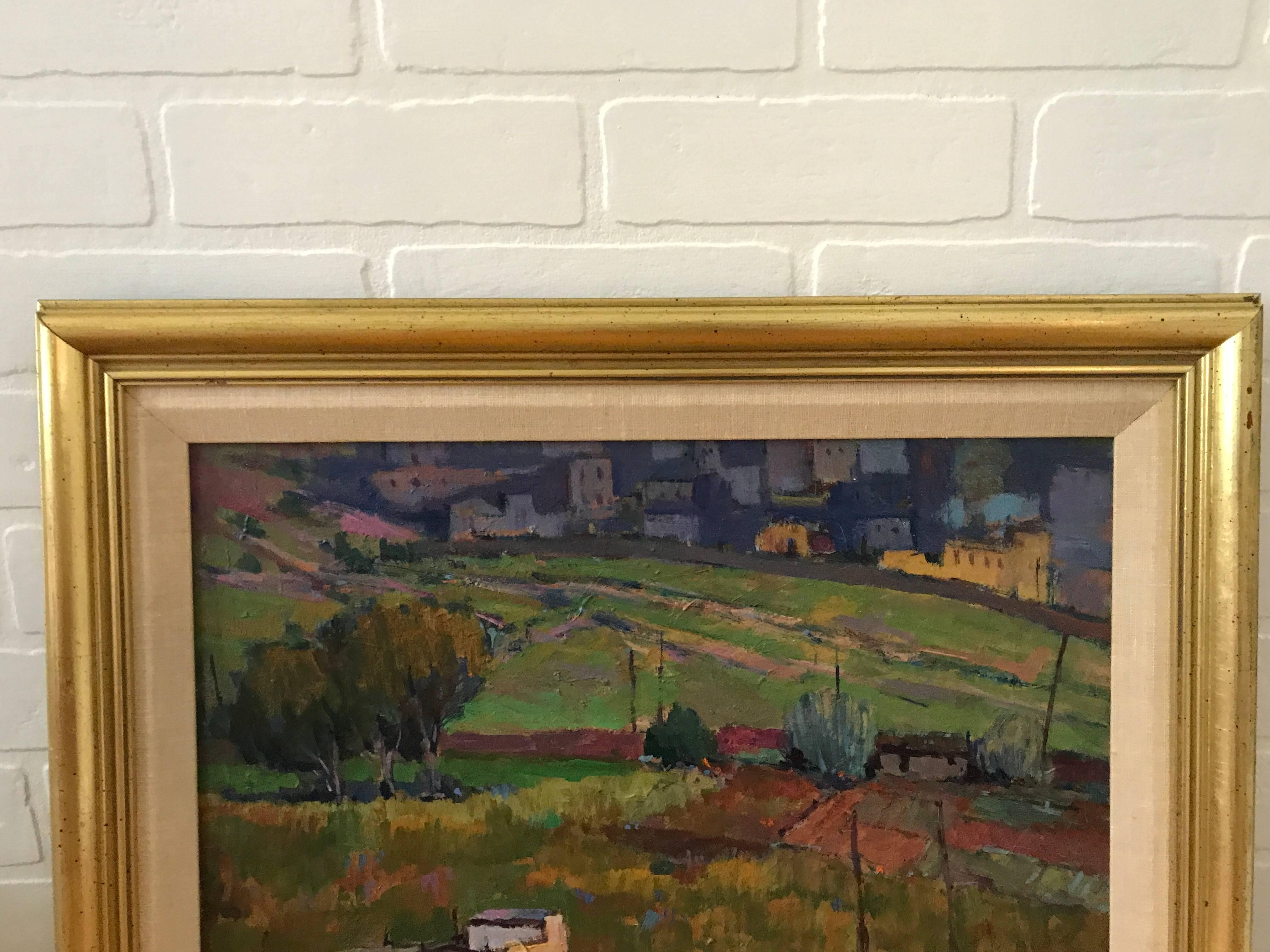 Offered is a fabulous, large 1980s Tuscan landscape oil painting. Framed and matted. Signed, bottom right.