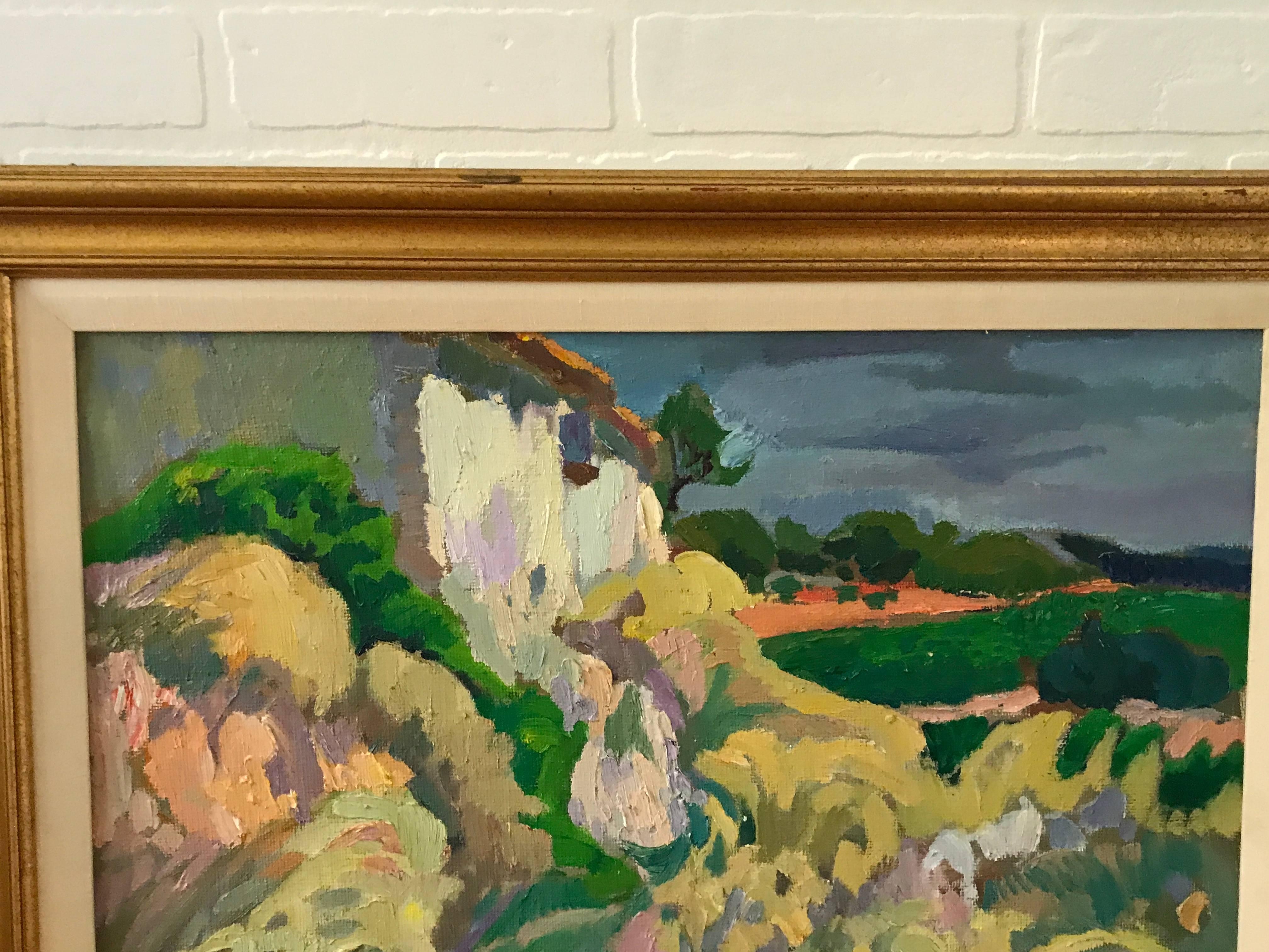 Offered is a gorgeous, 1970s Italian landscape. Either oil or acrylic, on canvas. Framed and matted. Signed, bottom right.