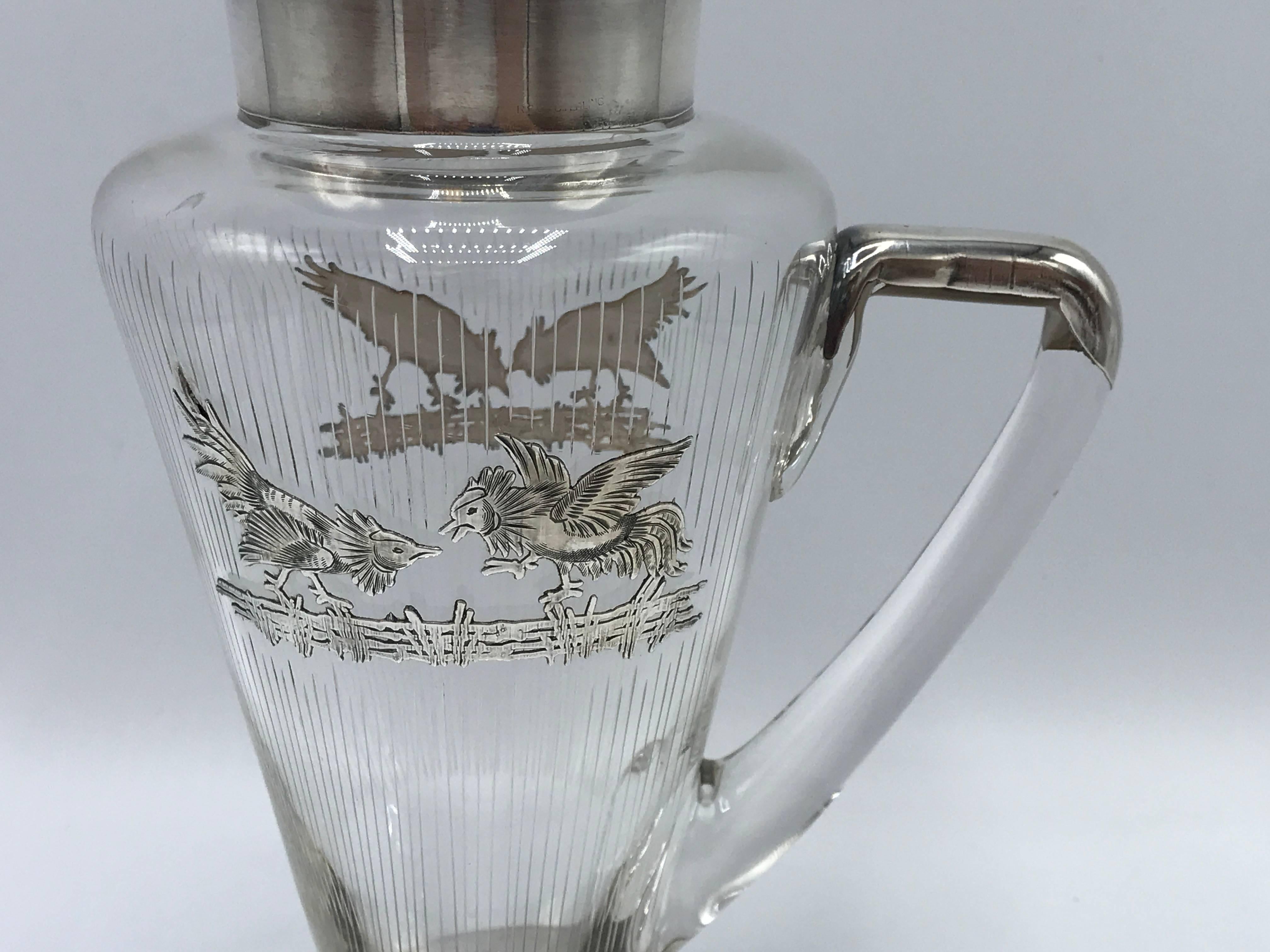 1930s Glass and Sterling Silver Decanter Carafe with Rooster Motif In Excellent Condition In Richmond, VA