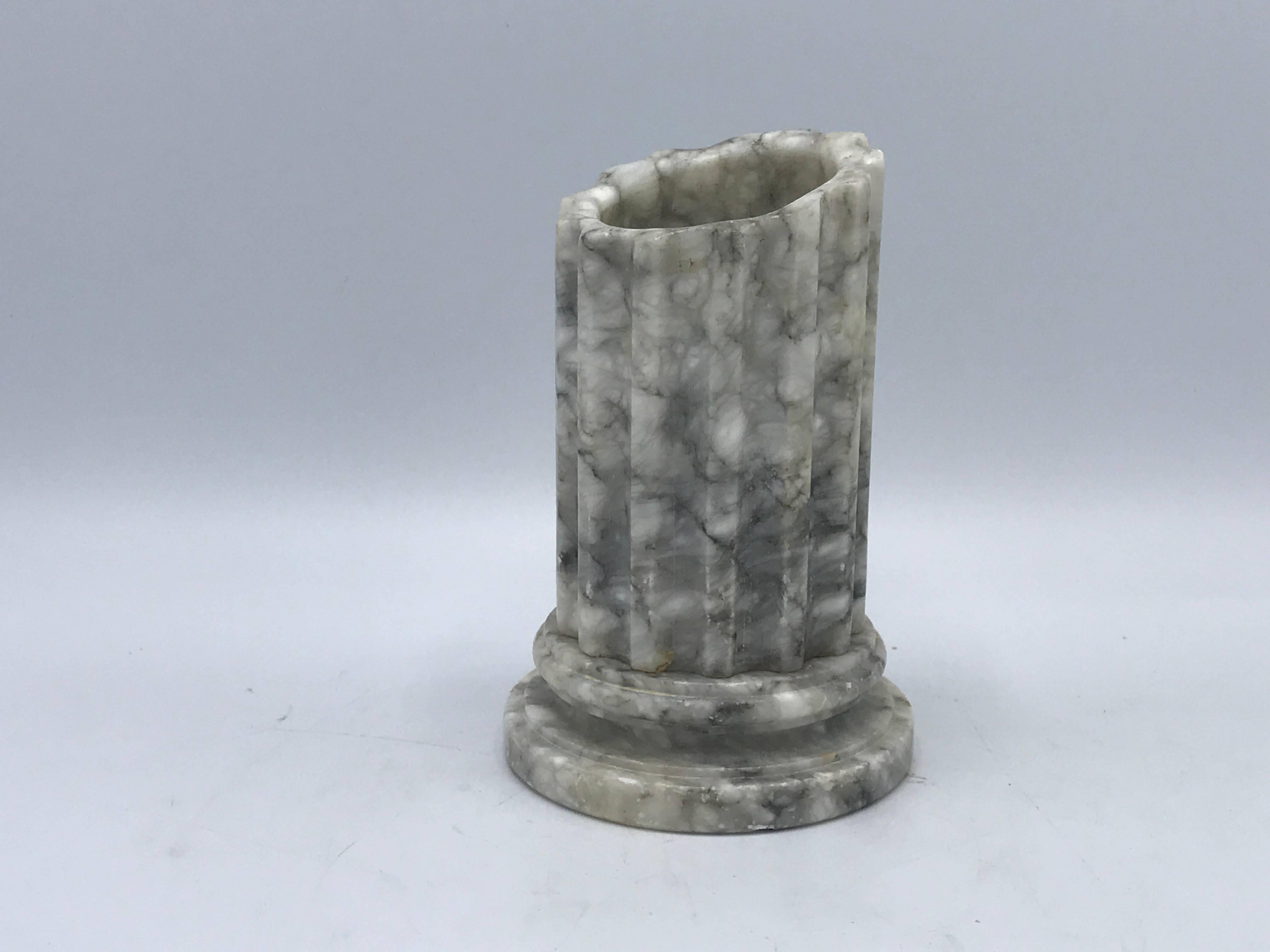 Offered is a gorgeous, 1940s Italian alabaster column vase or pen cup, sold exclusively by Bergdorf Goodman. Original tag is on the underside.