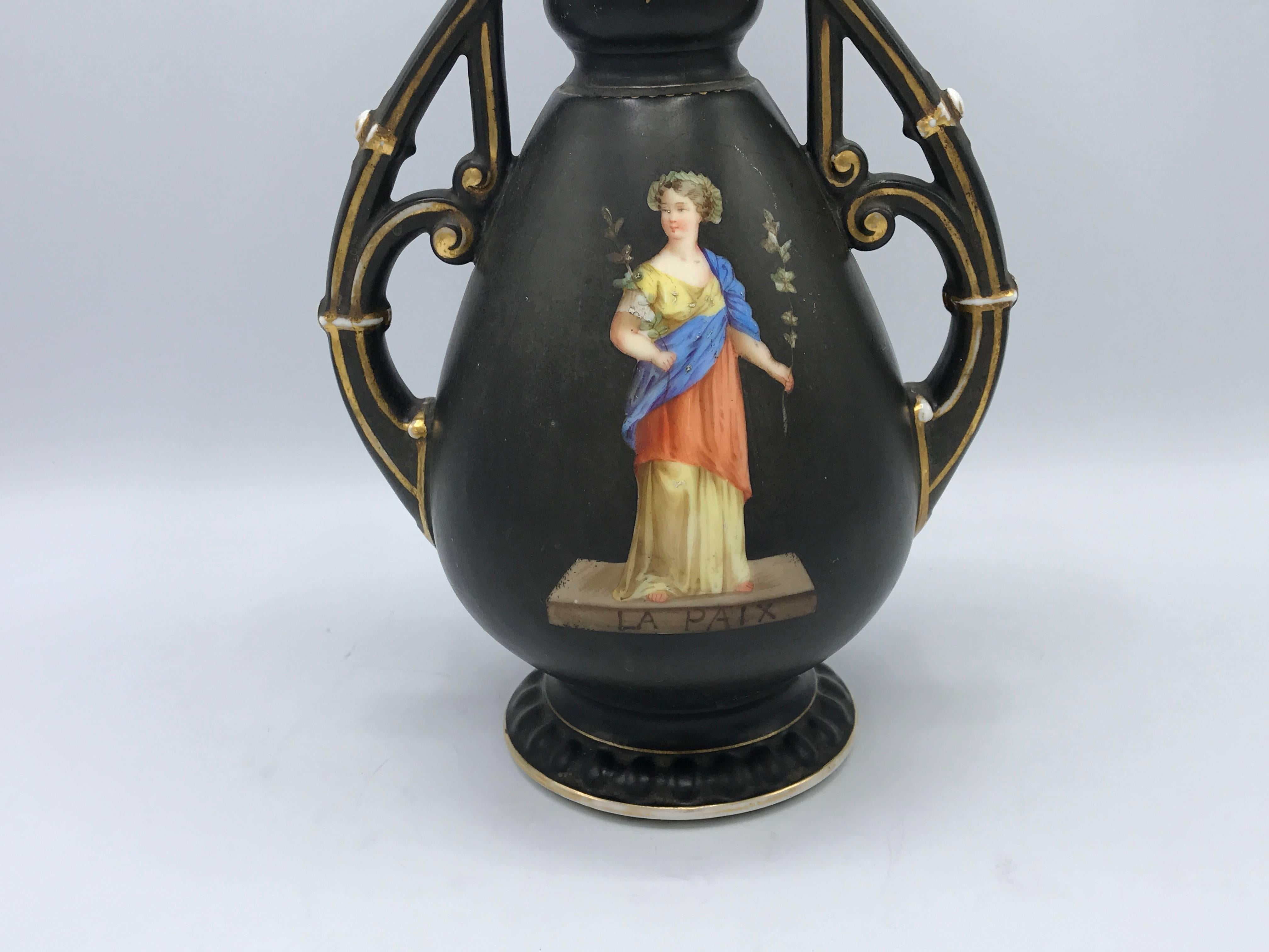 19th Century French Black and Gold Hand-Painted Vase with Handles In Excellent Condition In Richmond, VA