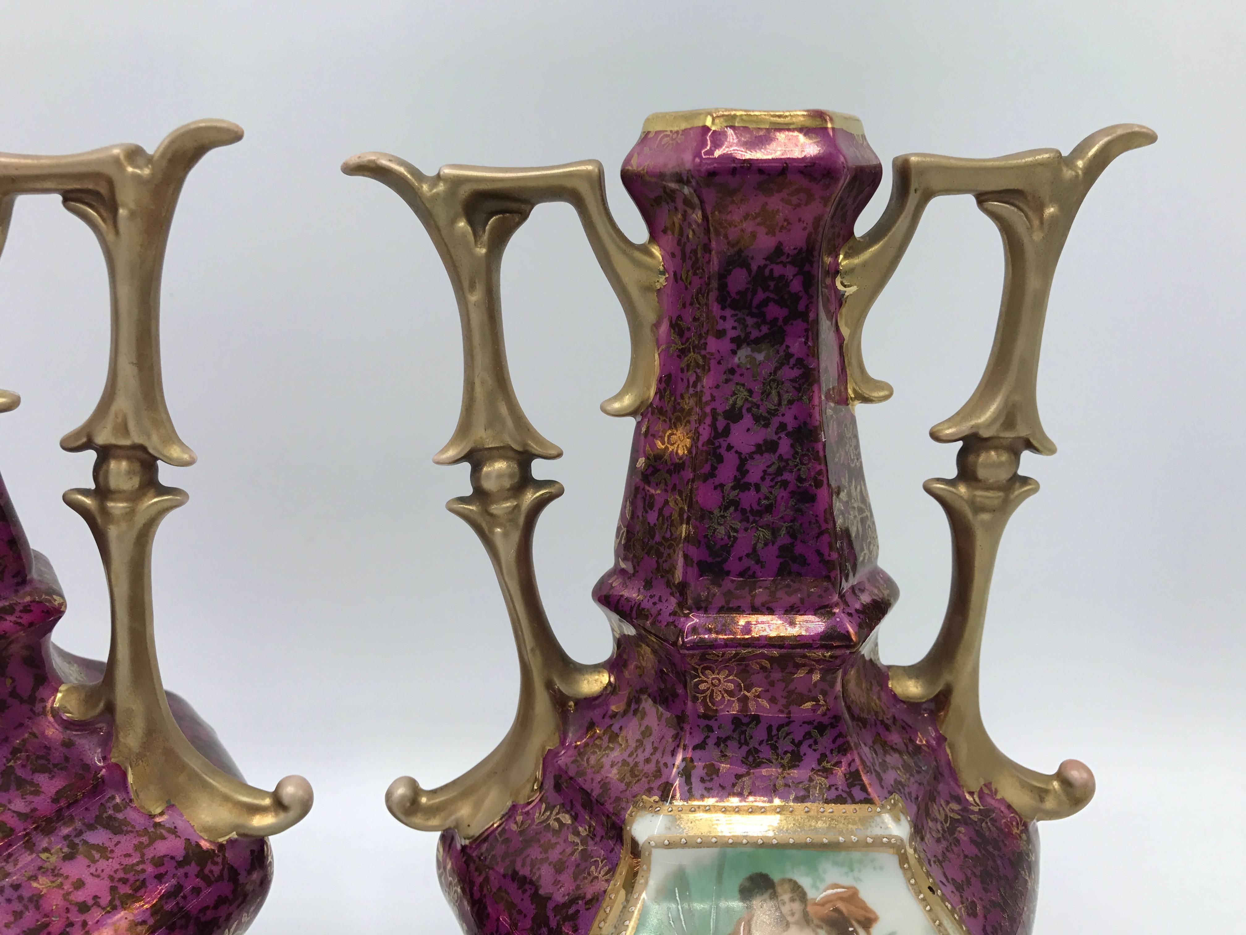 19th Century French Hand-Painted Pink and Gold Vases with Handles, Pair In Excellent Condition In Richmond, VA