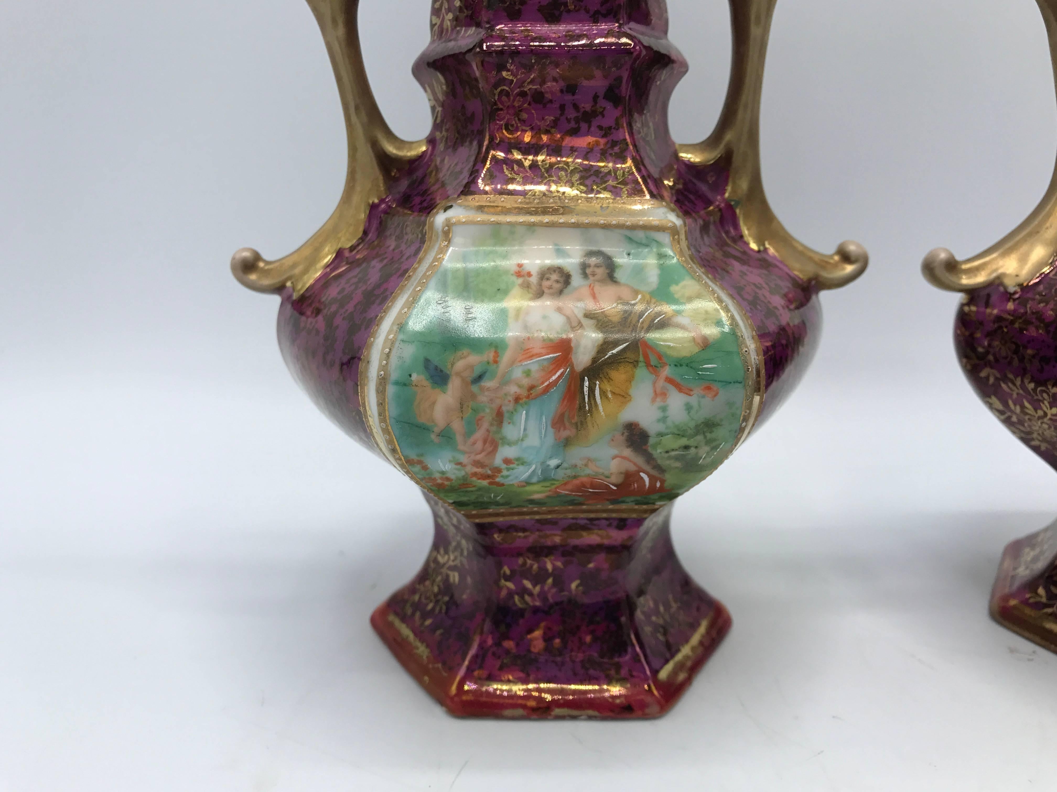 French Provincial 19th Century French Hand-Painted Pink and Gold Vases with Handles, Pair