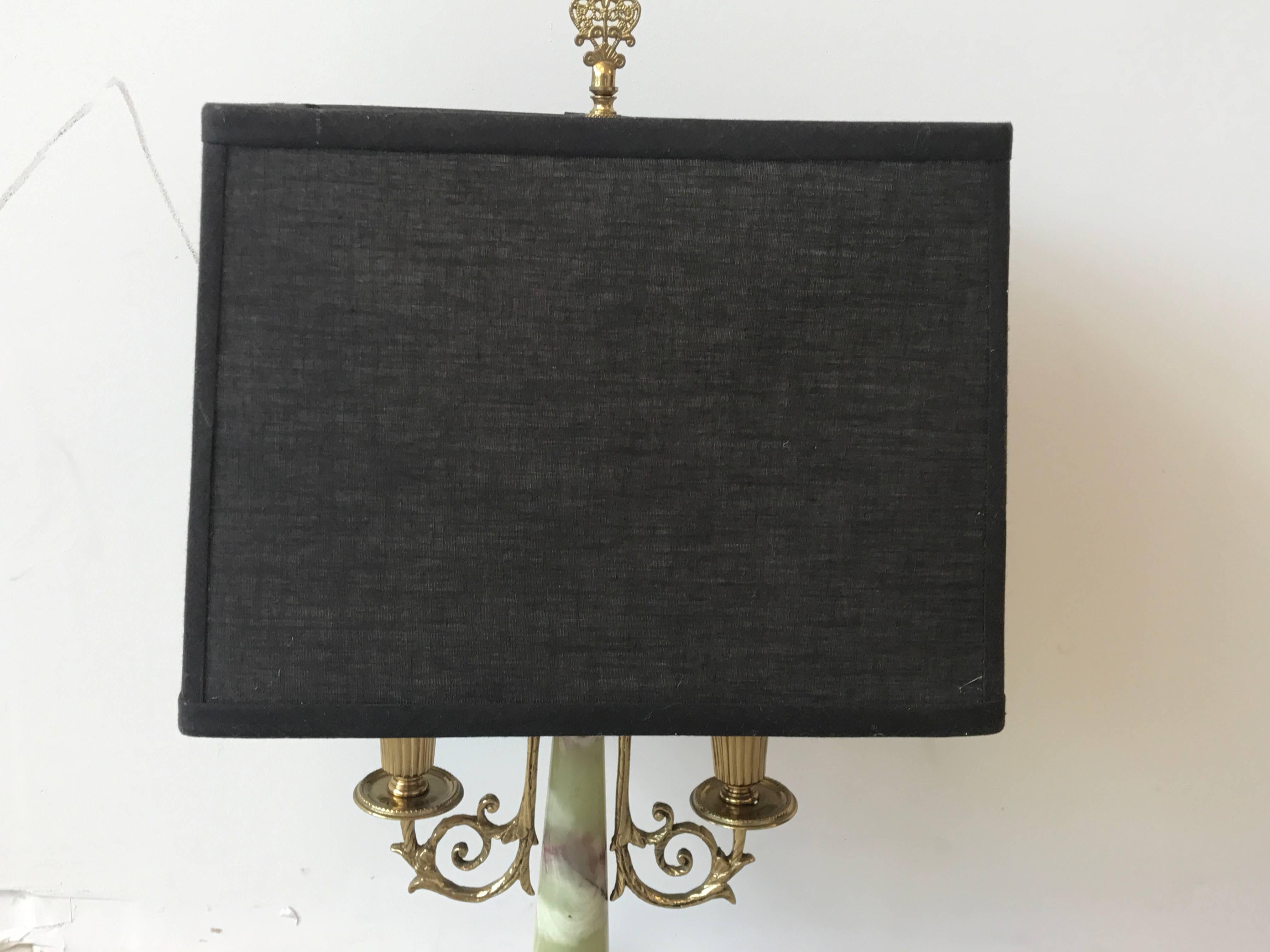 1940s Italian Brass and Onyx Bouillotte Candlestick Lamp with Shade In Excellent Condition For Sale In Richmond, VA