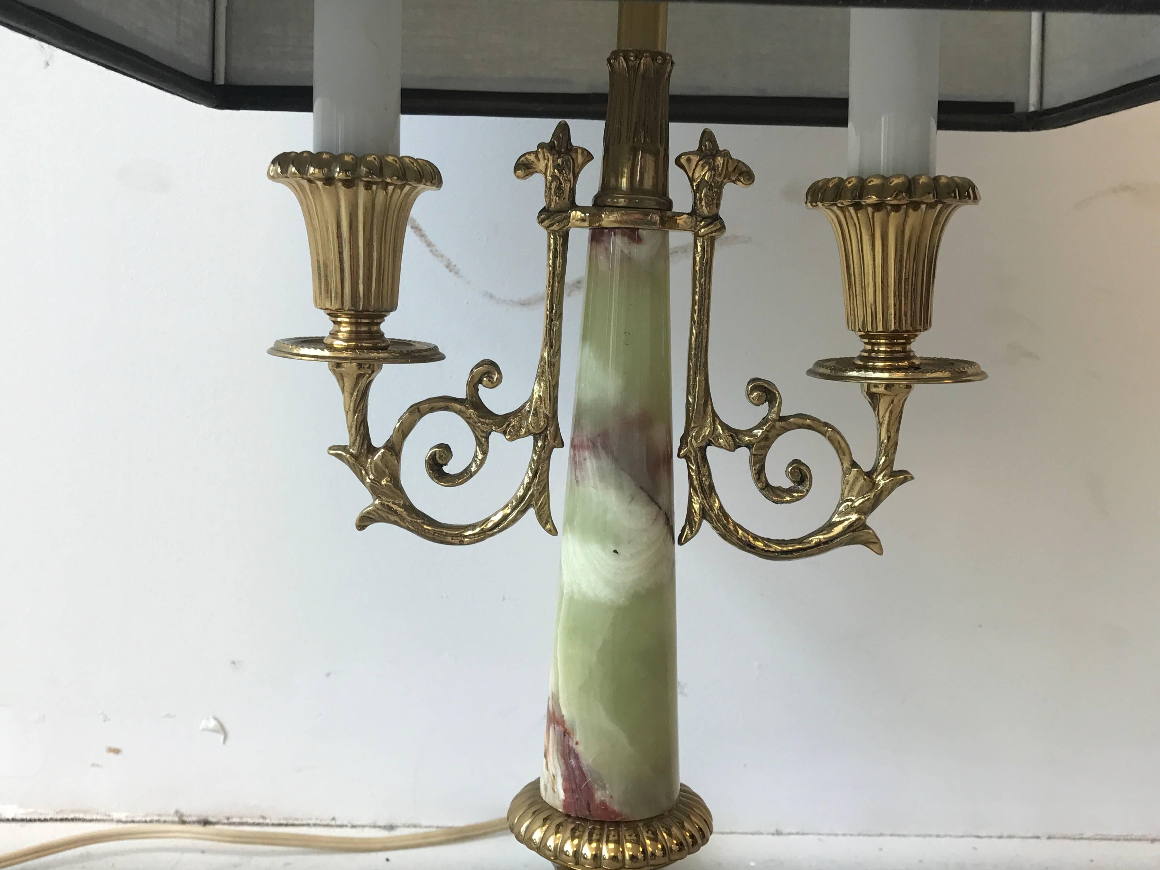 20th Century 1940s Italian Brass and Onyx Bouillotte Candlestick Lamp with Shade For Sale