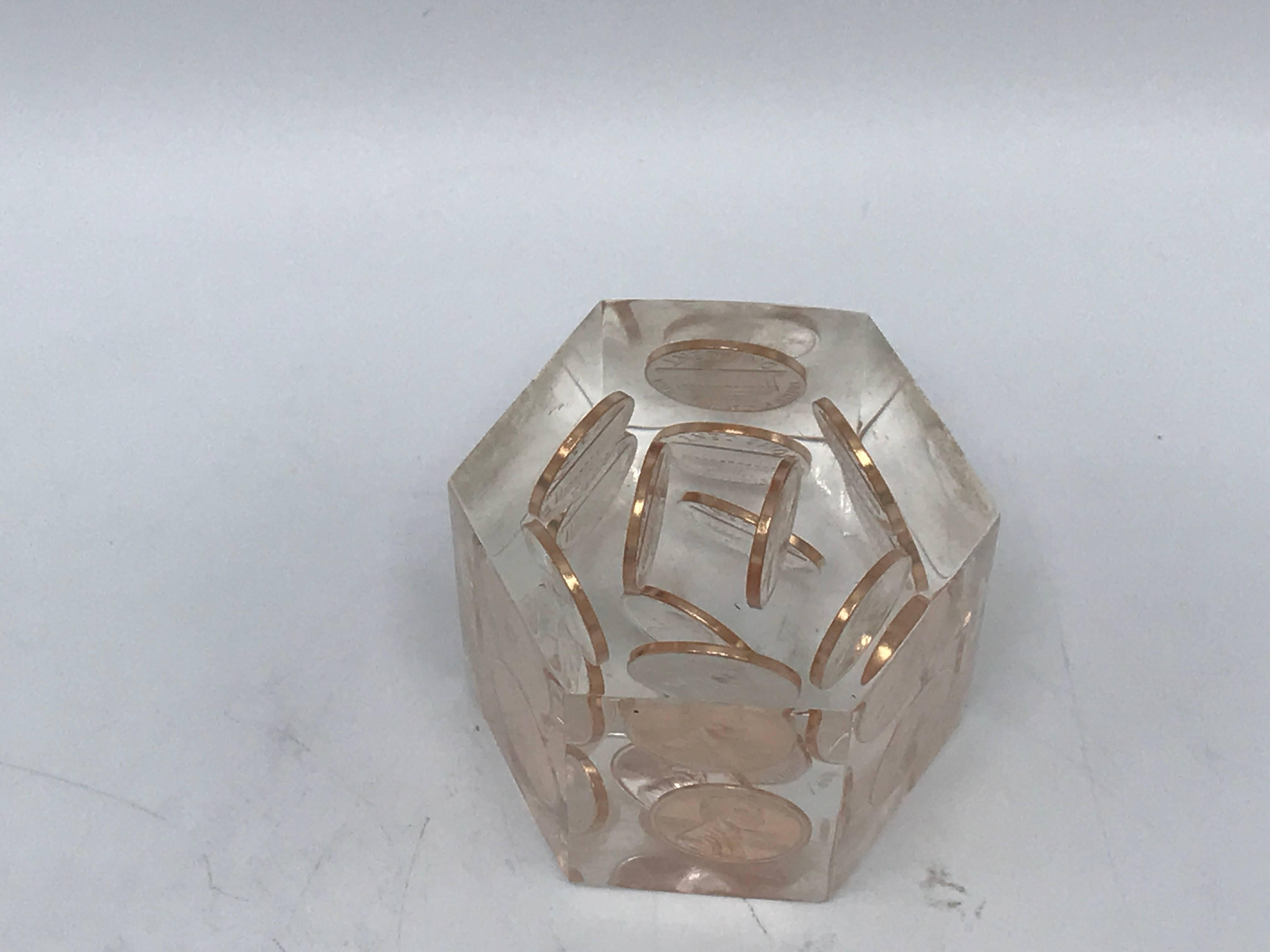 1980s Lucite and Copper Penny Paperweight In Excellent Condition In Richmond, VA