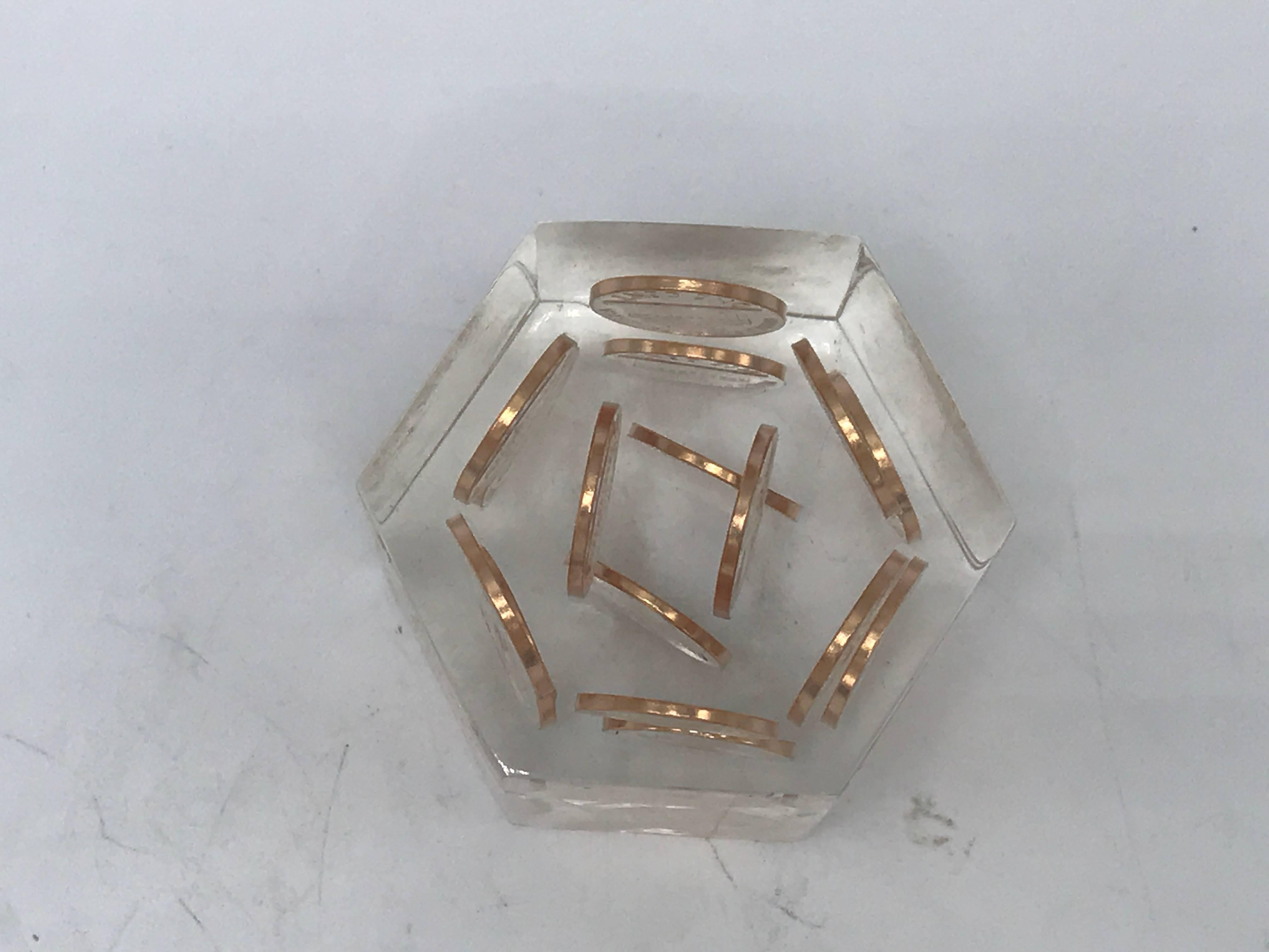 20th Century 1980s Lucite and Copper Penny Paperweight