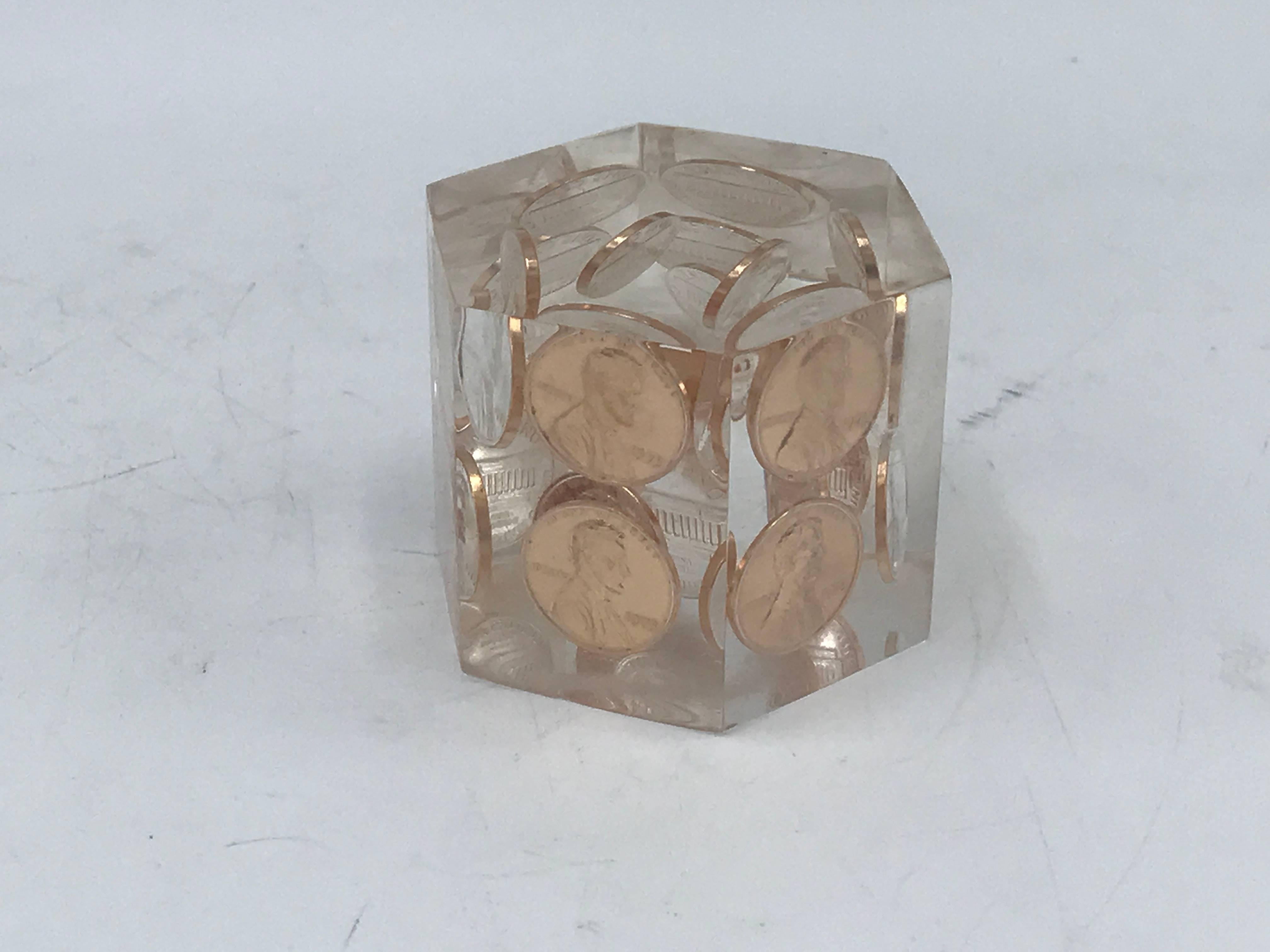 Modern 1980s Lucite and Copper Penny Paperweight