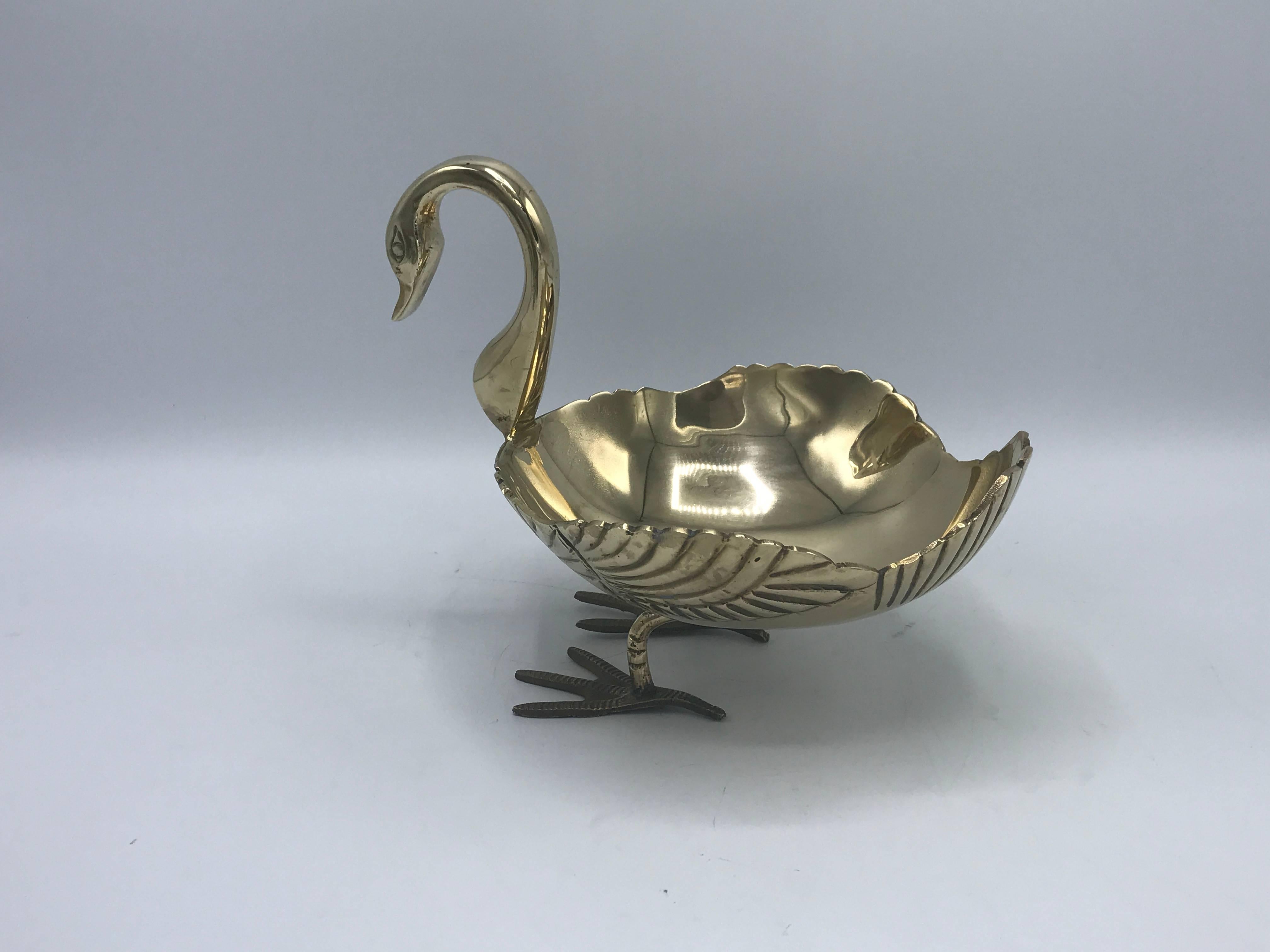 Modern 1970s Maison Jansen Style Brass Swan Sculpture Catchall Bowl