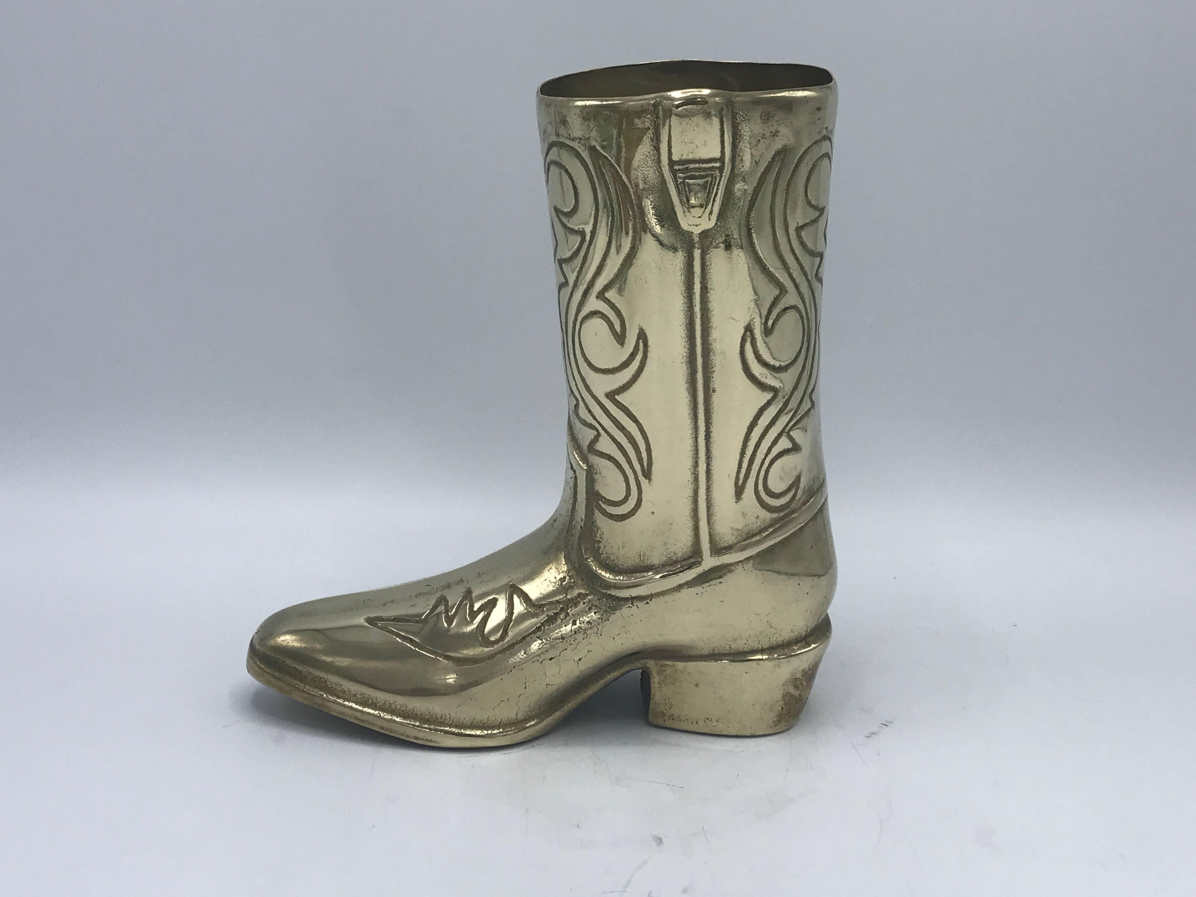 Mid-Century Modern 1970s Brass Cowboy Boot Sculpture Cachepot Vase