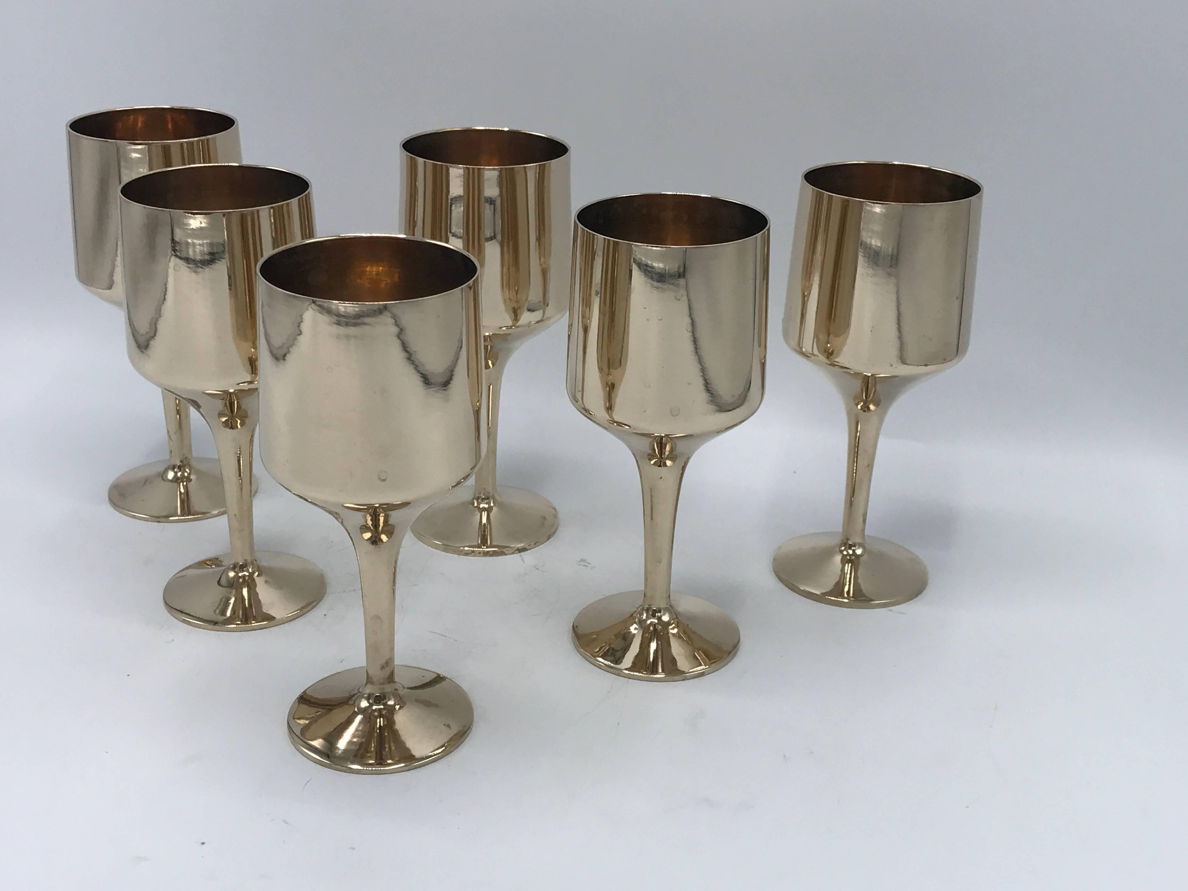 Modern 1970s Italian Brass Goblet Wine Glass, Set of Six