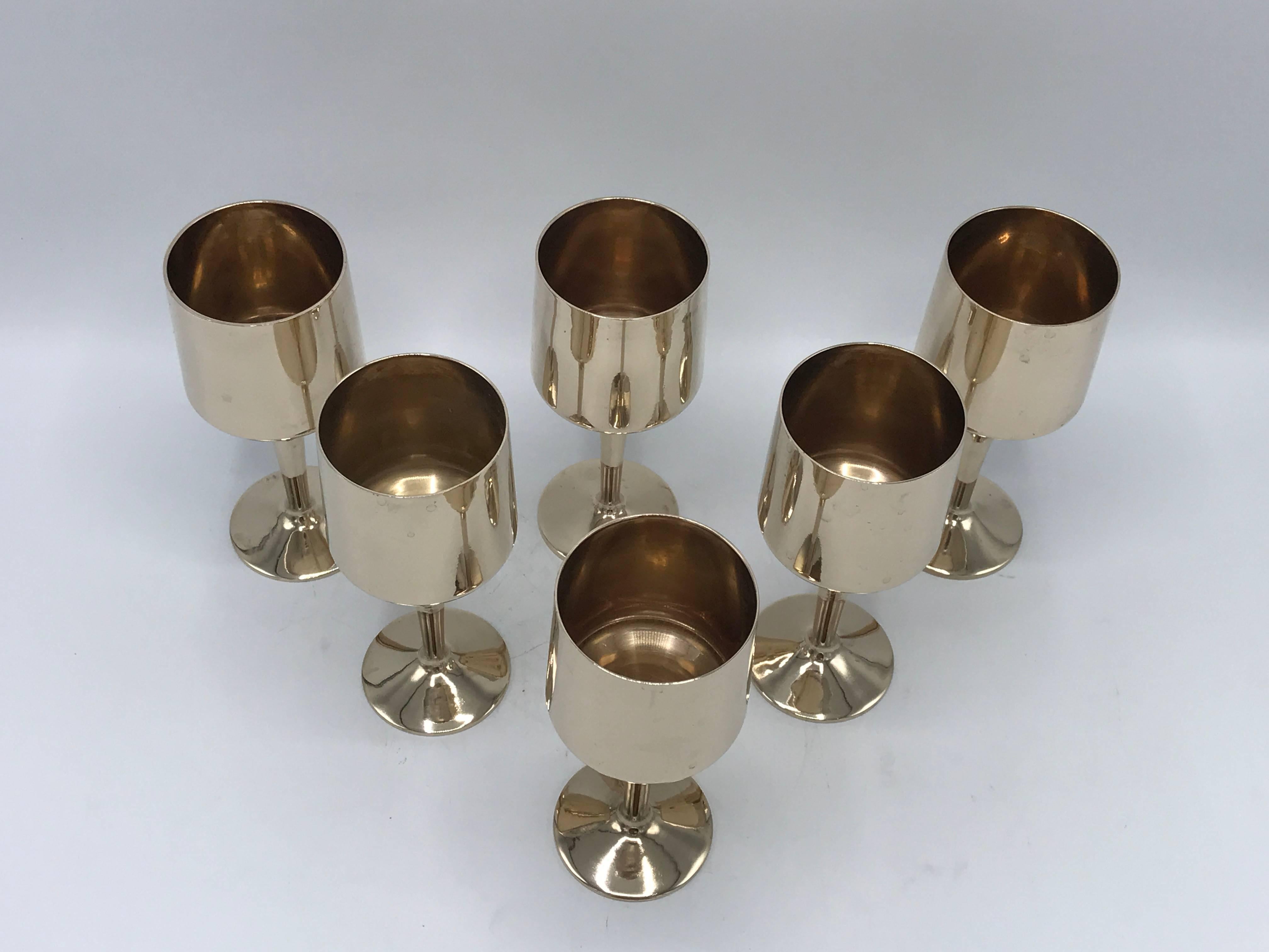 1970s Italian Brass Goblet Wine Glass, Set of Six In Excellent Condition In Richmond, VA