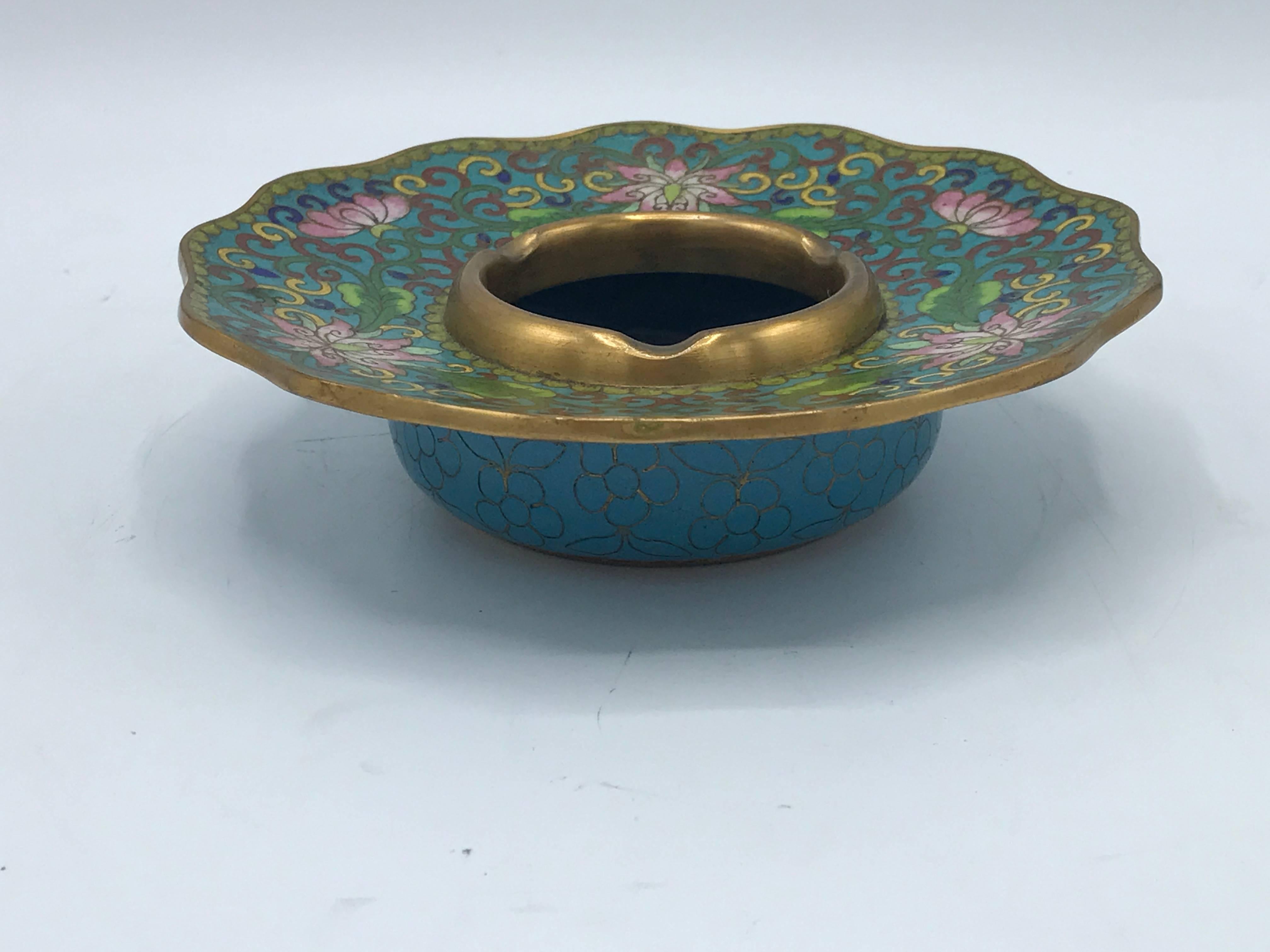 Chinoiserie 1950s Blue and Green Cloisonné Ashtray