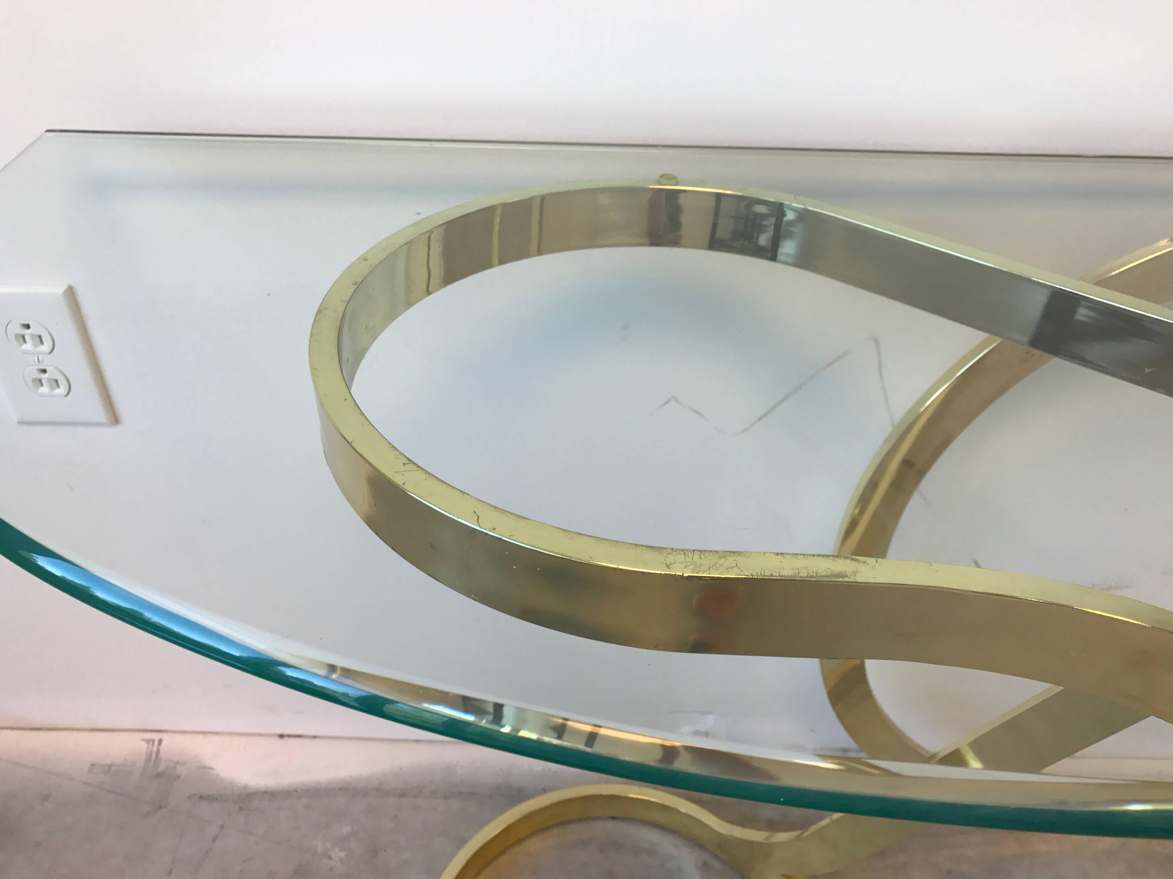 1970s Milo Baughman Style Brass Ribbon Console Table with Glass Top In Good Condition In Richmond, VA