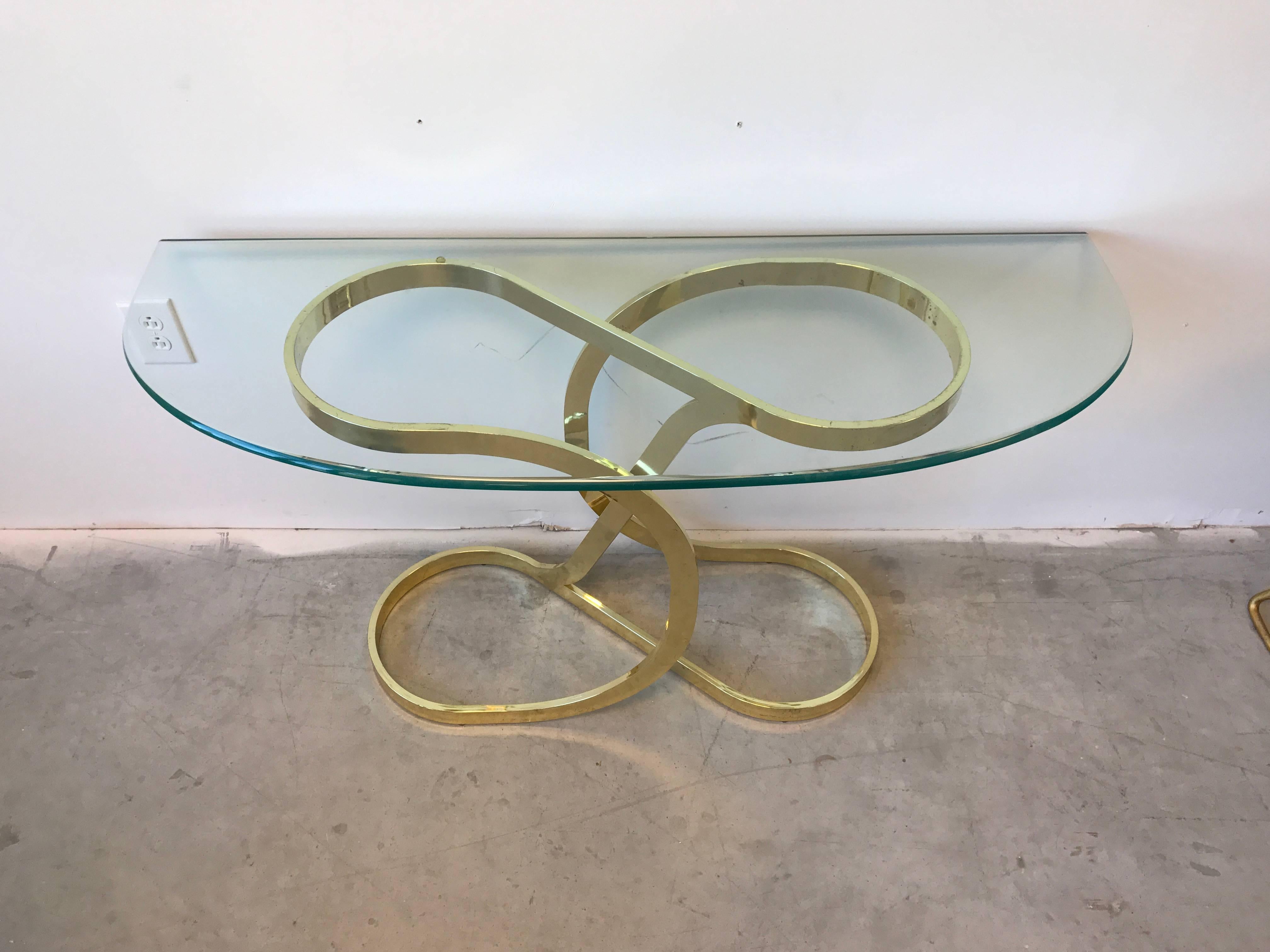 Modern 1970s Milo Baughman Style Brass Ribbon Console Table with Glass Top