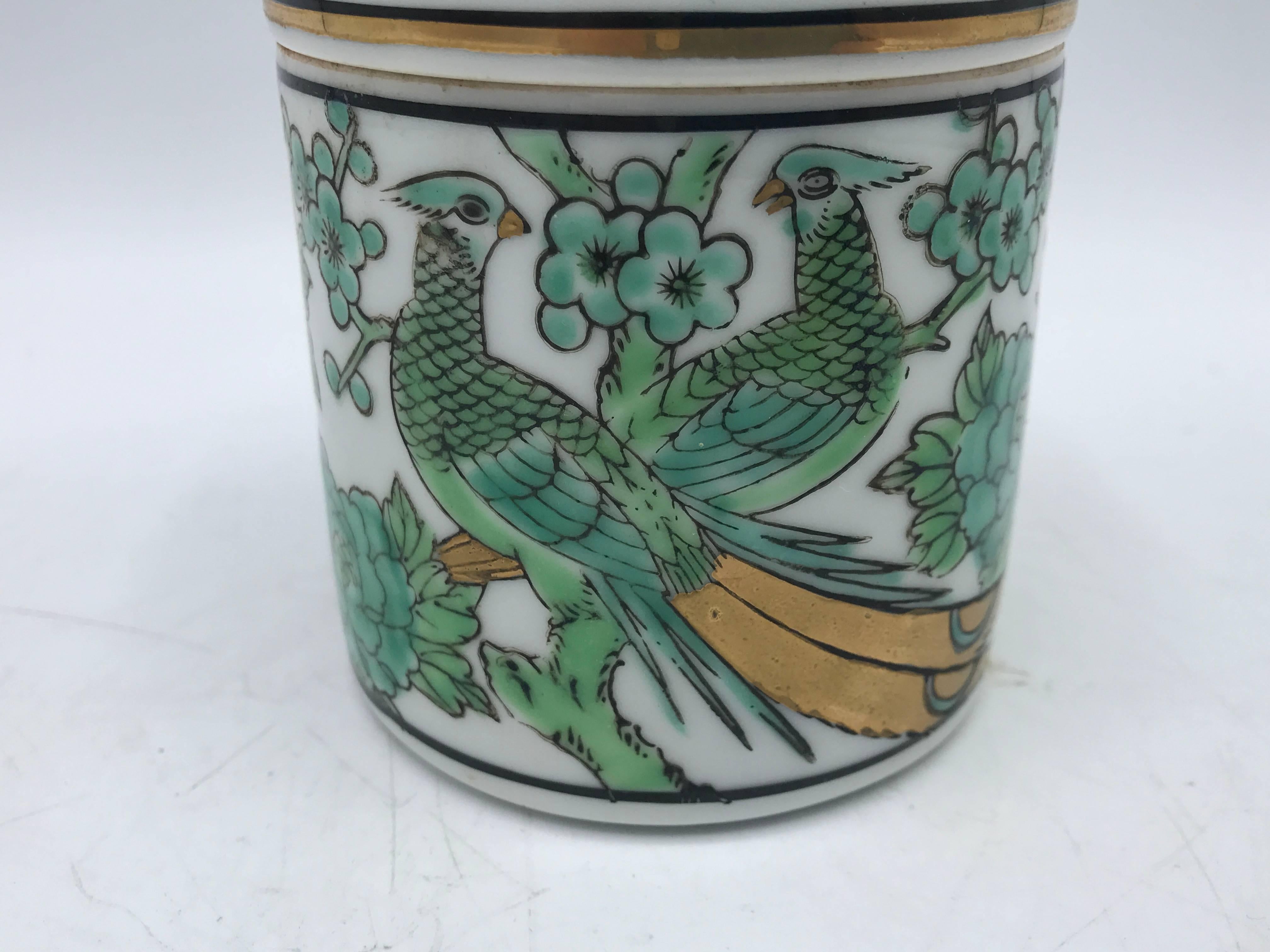 Japanese 1960s Gold Imari Lidded Jar with a Green and Gold Peacock Motif
