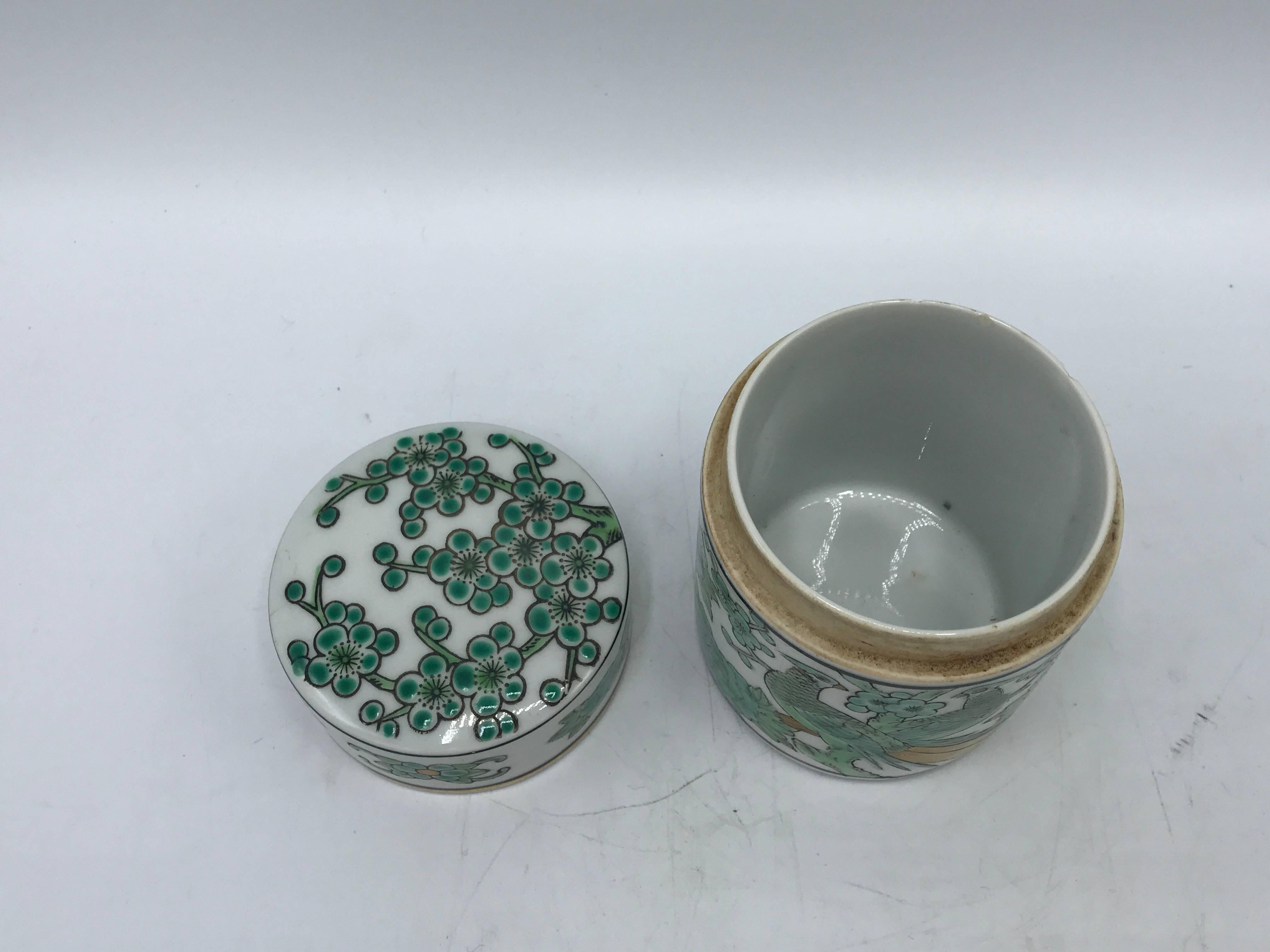 Hand-Painted 1960s Gold Imari Lidded Jar with a Green and Gold Peacock Motif