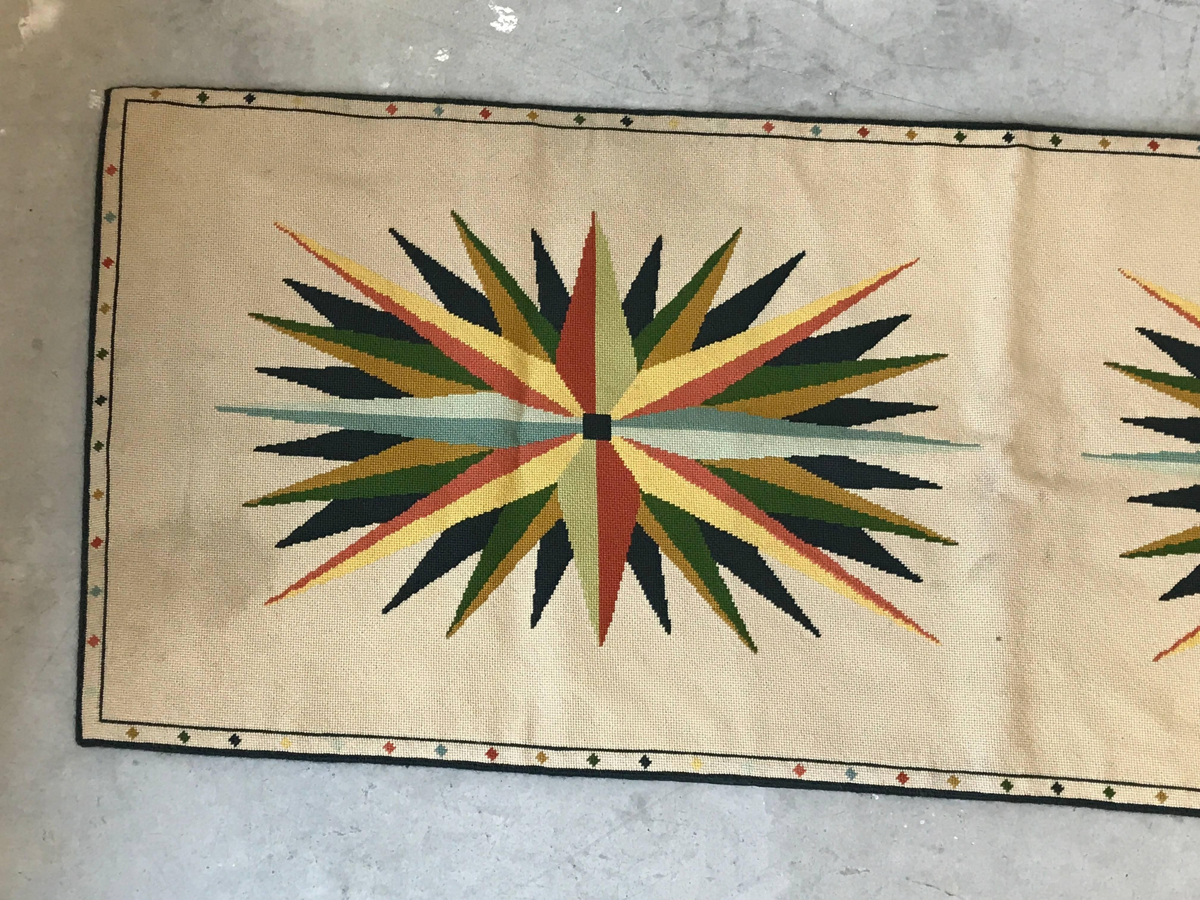 Offered is a fabulous, 1960s needlepoint polychrome compass motif on a runner rug. Soft cotton-canvas blend. We suggest a thin rug pad to prevent slipping. Wrinkles will flatten after arrival and laid flat, or it can be steamed out for immediate