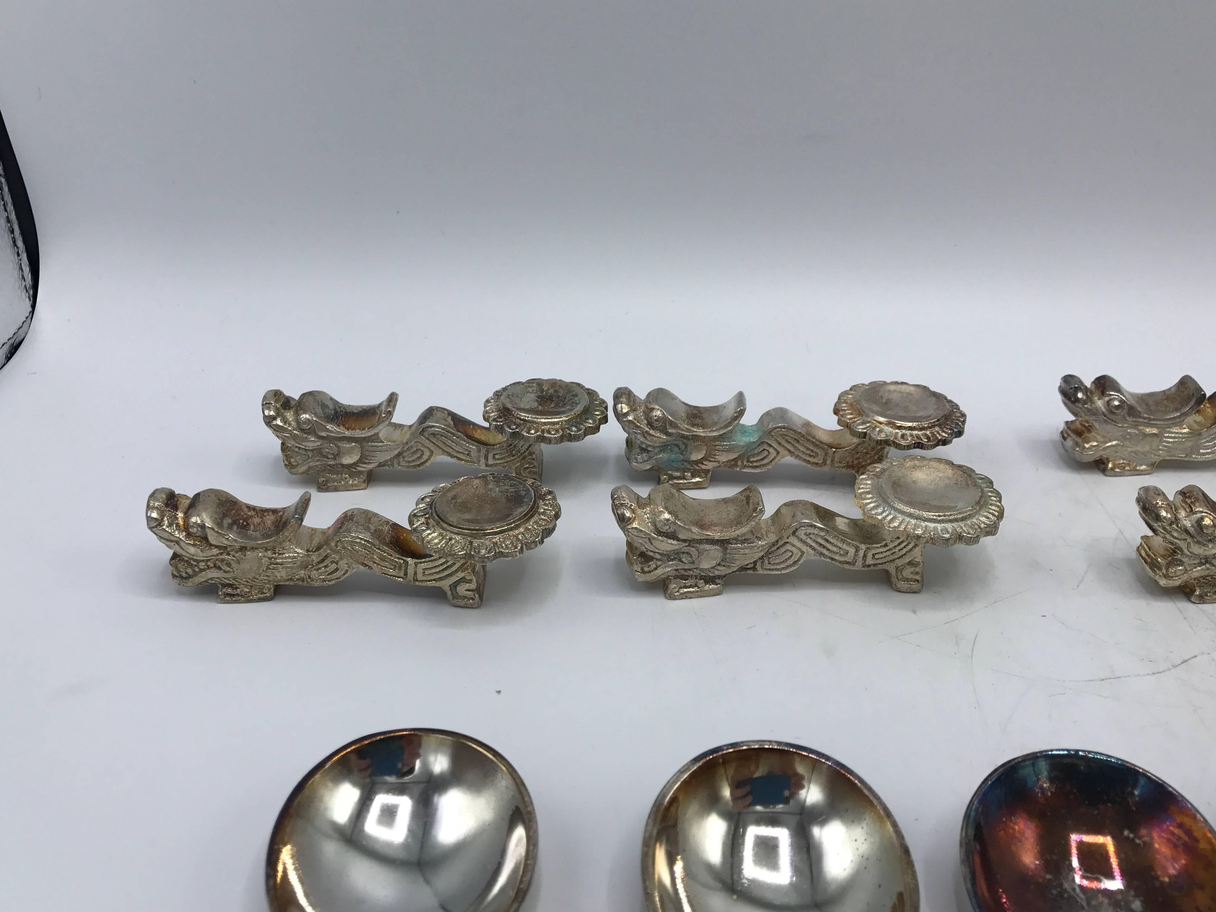 Chinoiserie 1960s Set of Eight Silver Plate Dragon Spoons and Spoon Rests