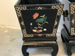 1960s Black and Gold Asian Planters on Stands with Brass Foo Dog Handles, Pair