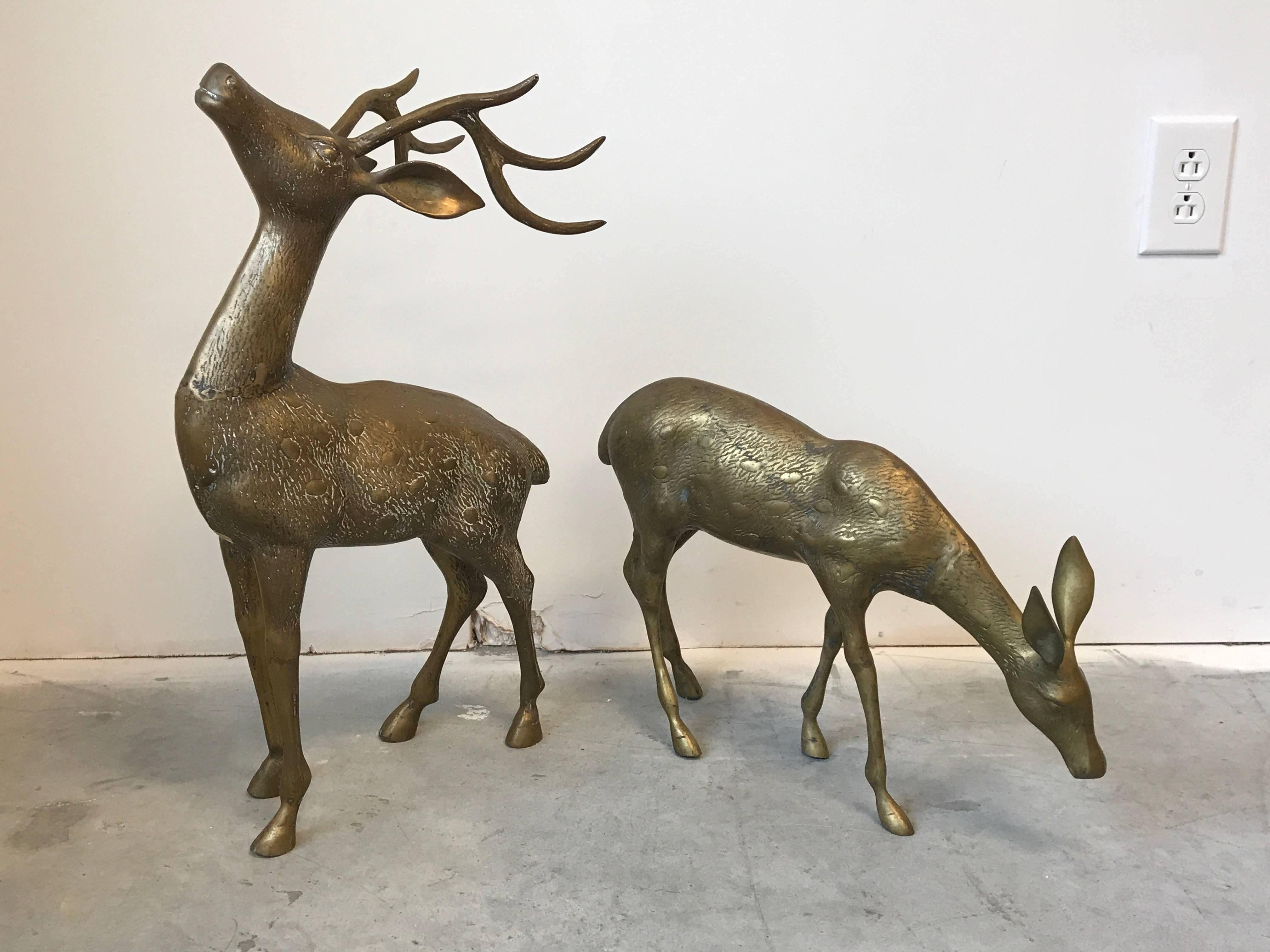 20th Century 1960s Pair of Large Brass Deer Male and Female Sculptures