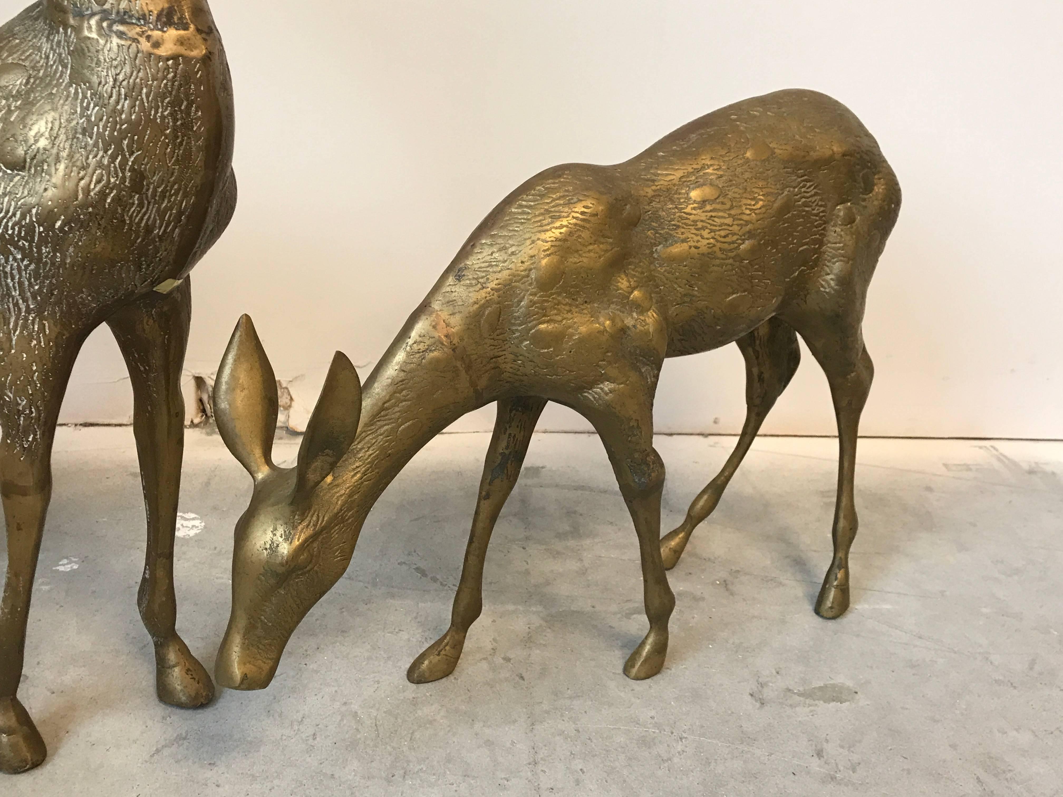 1960s Pair of Large Brass Deer Male and Female Sculptures In Excellent Condition In Richmond, VA