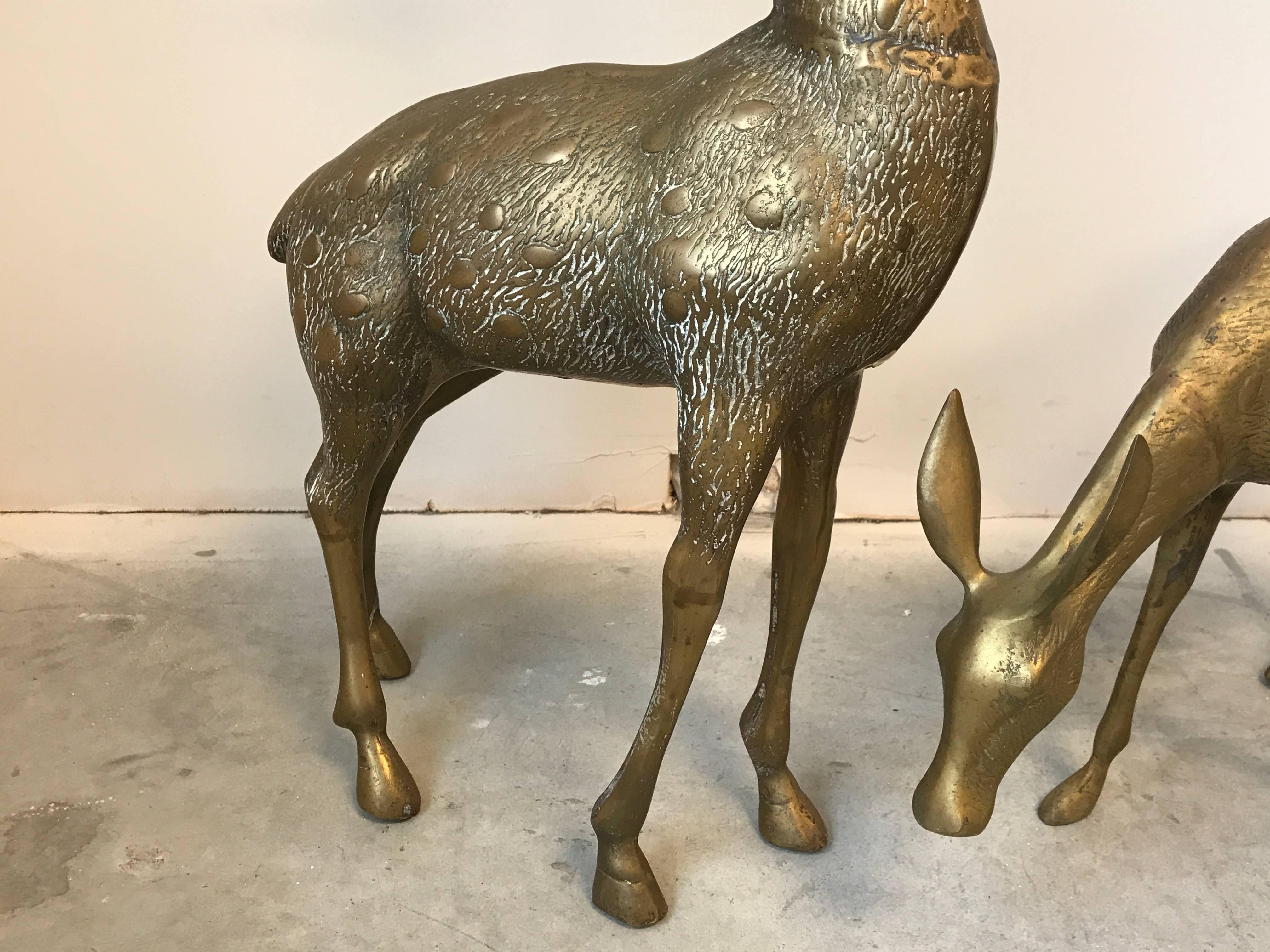 Mid-Century Modern 1960s Pair of Large Brass Deer Male and Female Sculptures