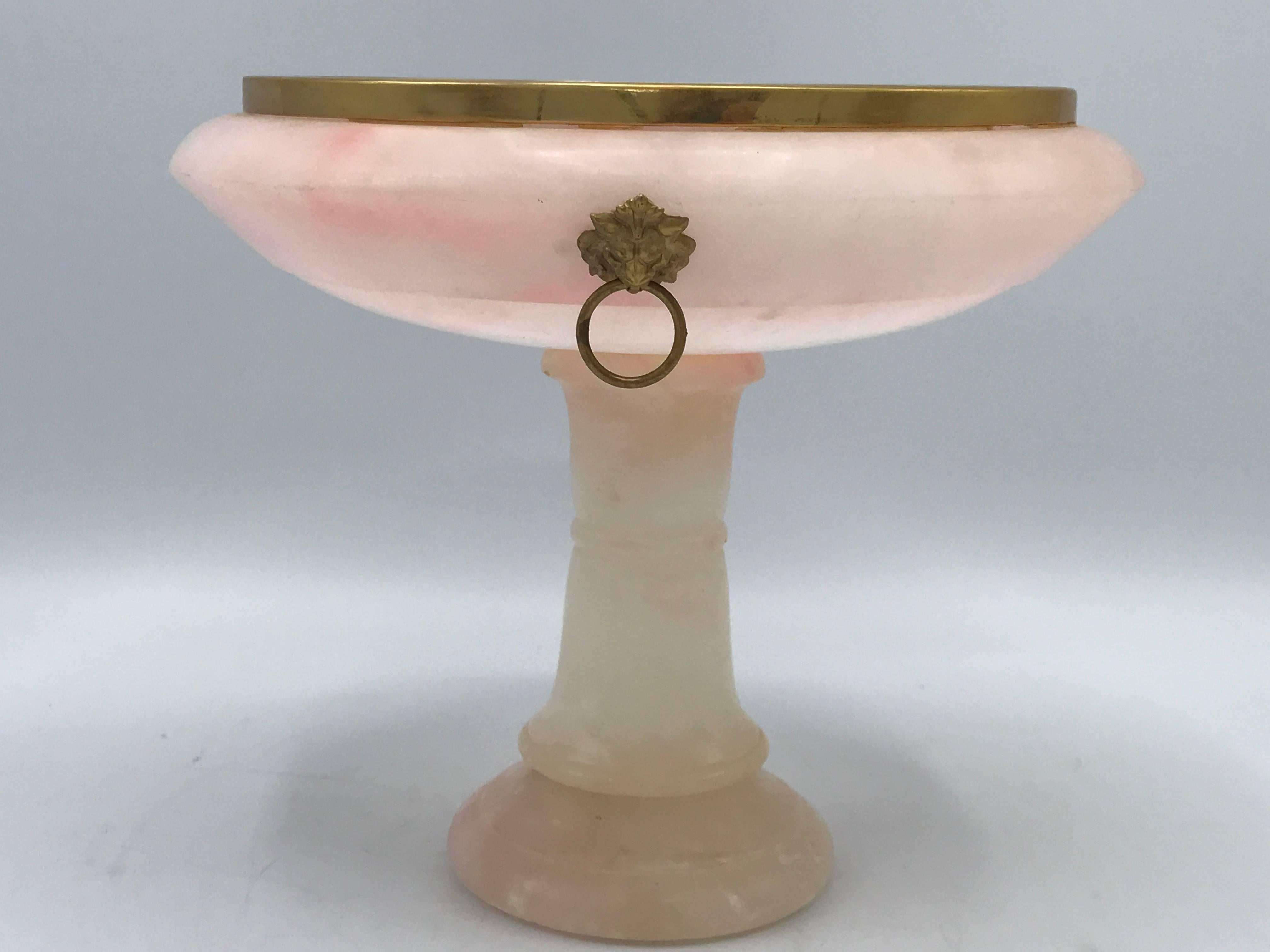 20th Century 1930s Italian Pink Alabaster Pedestal Urn with Brass Lion Head Handles