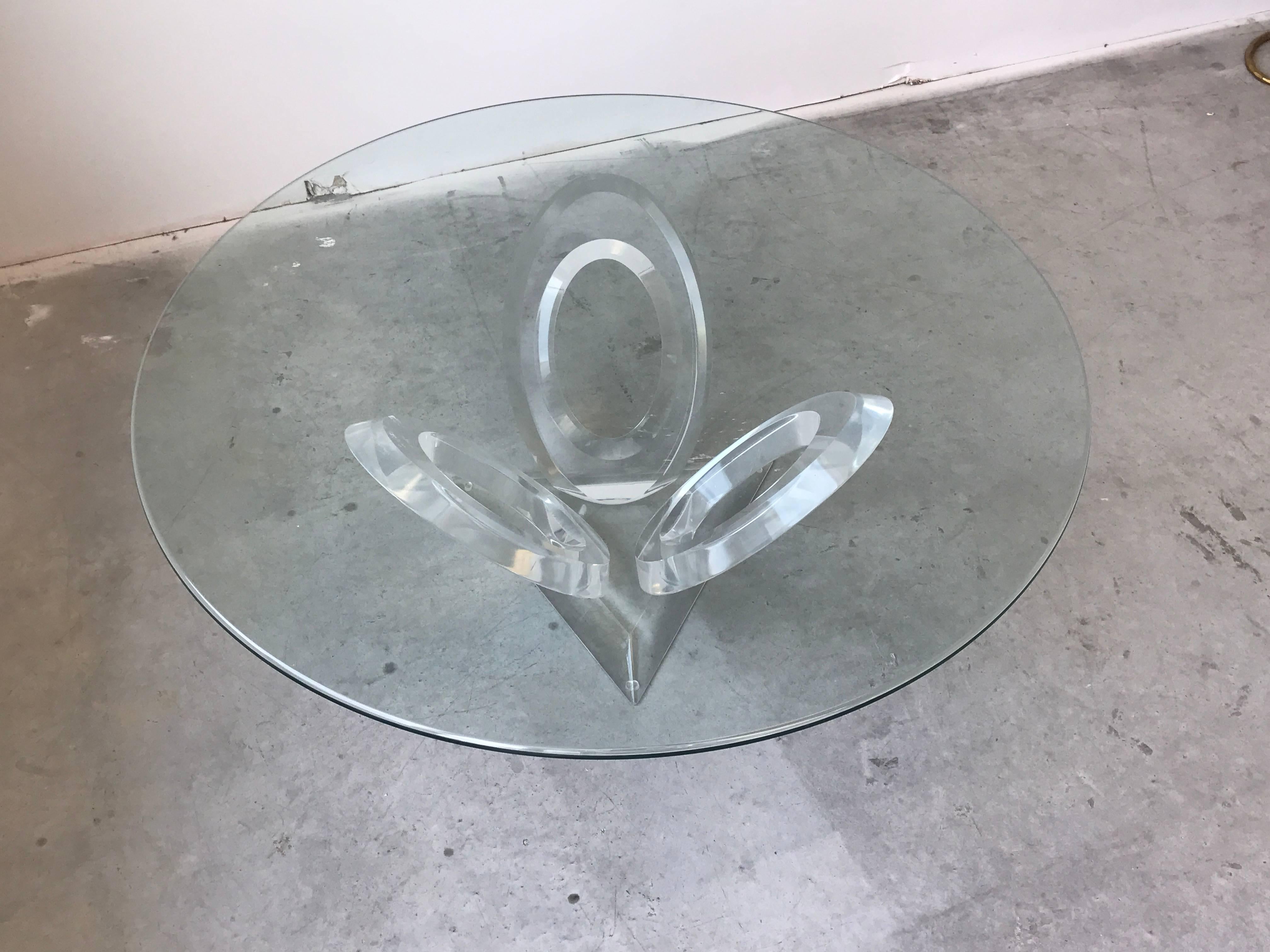 Offered is a fabulous, Lucite and glass coffee table by artist, Mikhail Loznikov. Titled, "Eclipse of Time." Patent number; 333,395. Signed and dated on base, includes patent paperwork. Original glass. Can hold 28" minimum diameter