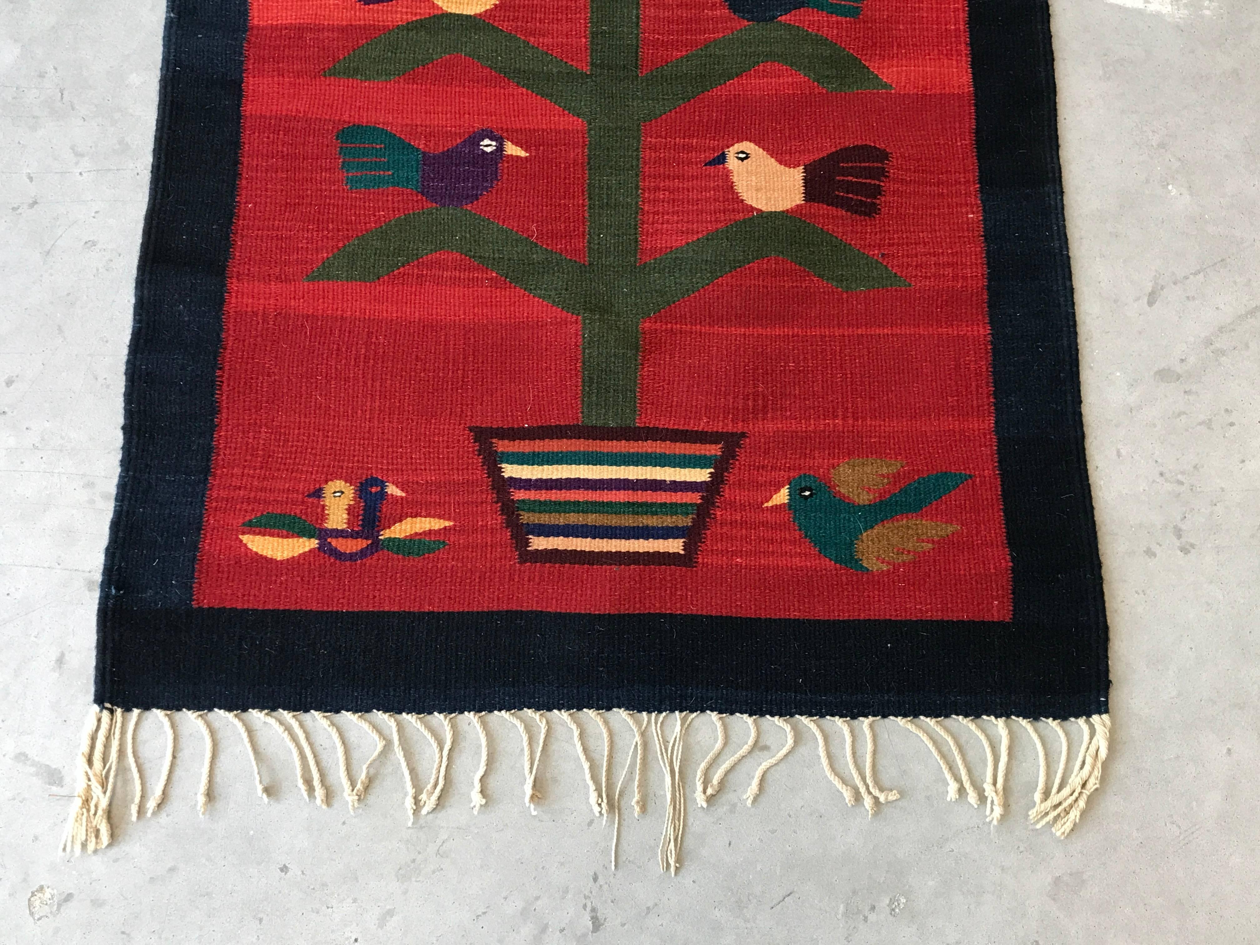 Hand-Woven 1950s Red Kilim Rug with a Bird and Potted Tree Motif