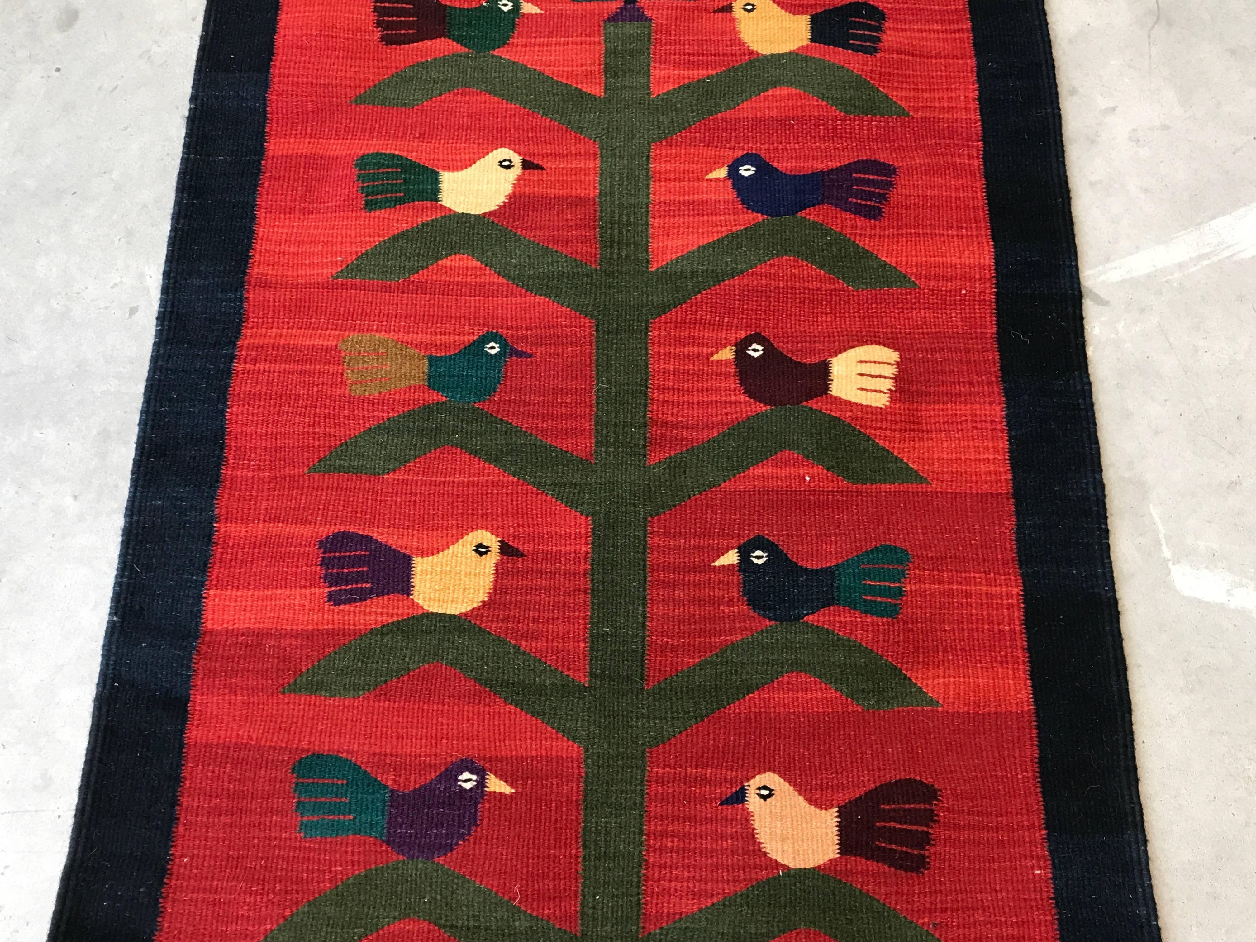Mid-Century Modern 1950s Red Kilim Rug with a Bird and Potted Tree Motif