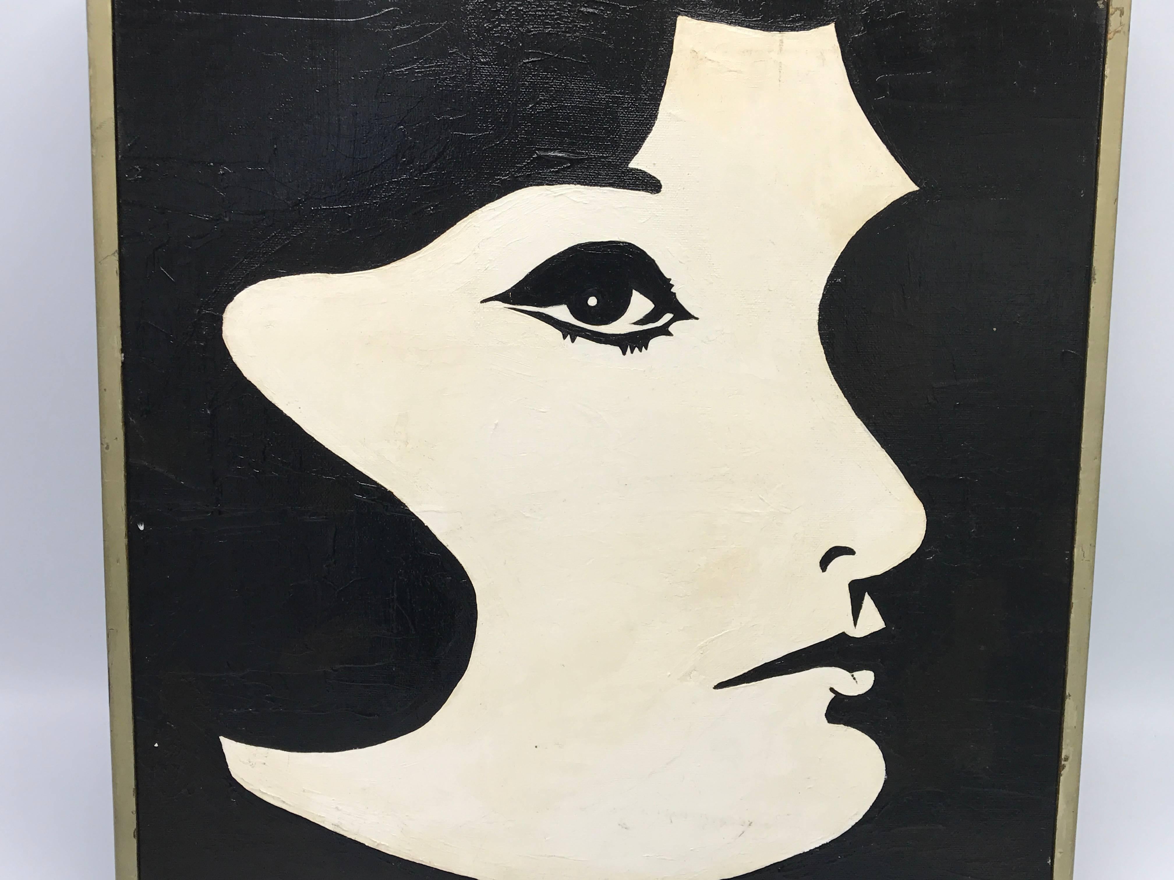Hand-Painted 1960s Modern Black and White Jackie O Oil Painting, Framed For Sale