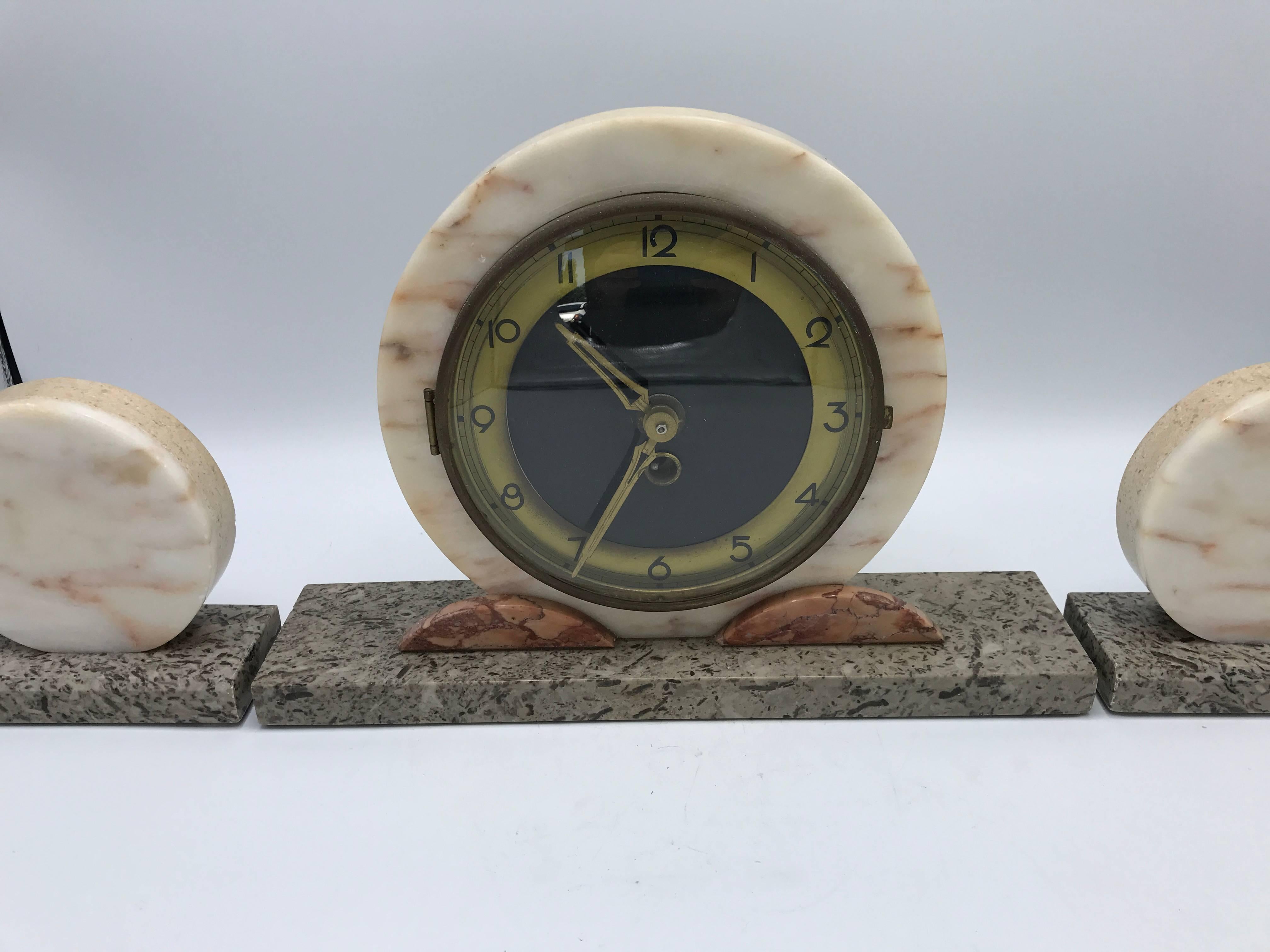 20th Century 1920s Art Deco Onyx, Marble and Brass Mantle Clock Set For Sale