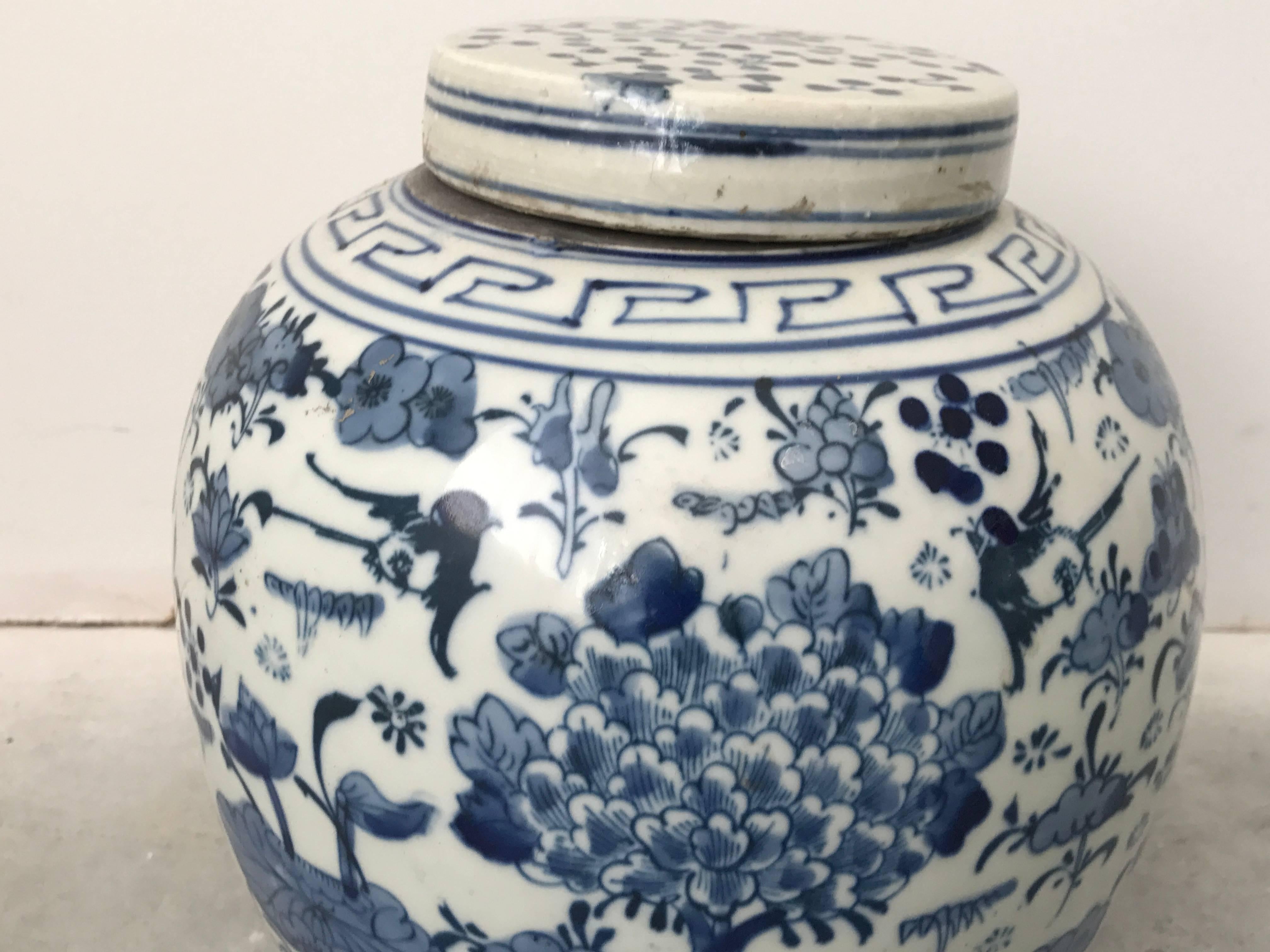 Chinoiserie 19th Century Asian Blue and White Ginger Jar with Cherry Blossom Tree Motif