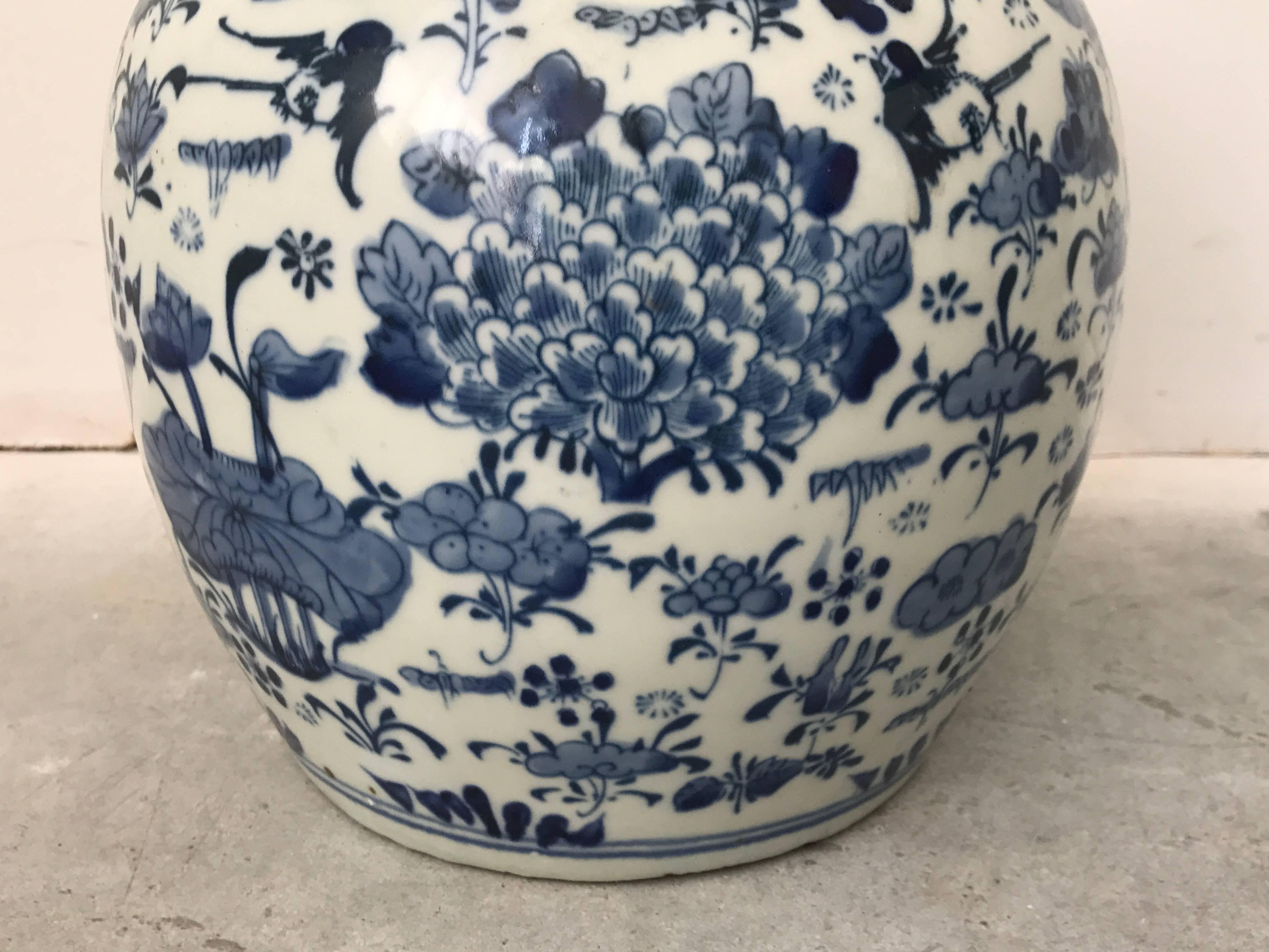 19th Century Asian Blue and White Ginger Jar with Cherry Blossom Tree Motif In Excellent Condition In Richmond, VA