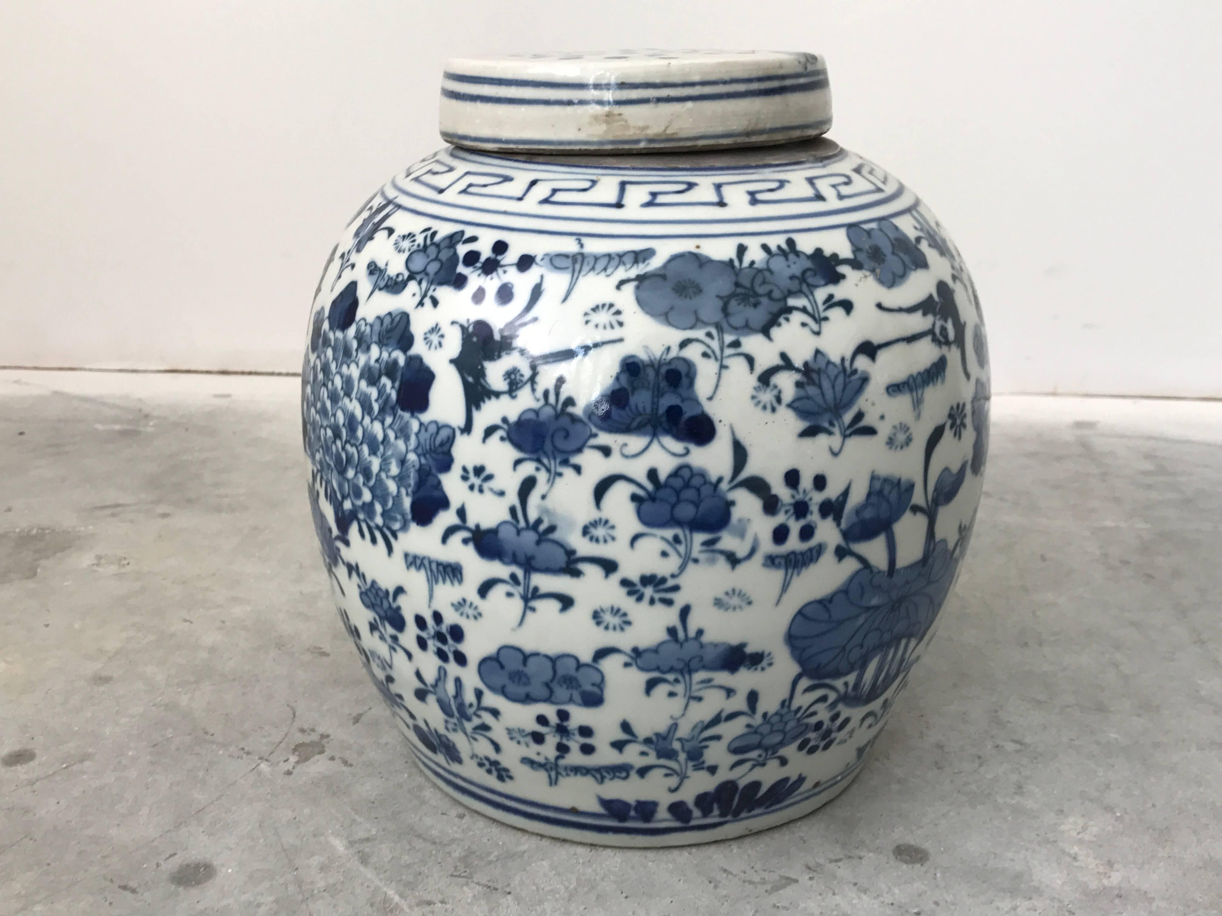 19th Century Asian Blue and White Ginger Jar with Cherry Blossom Tree Motif 1