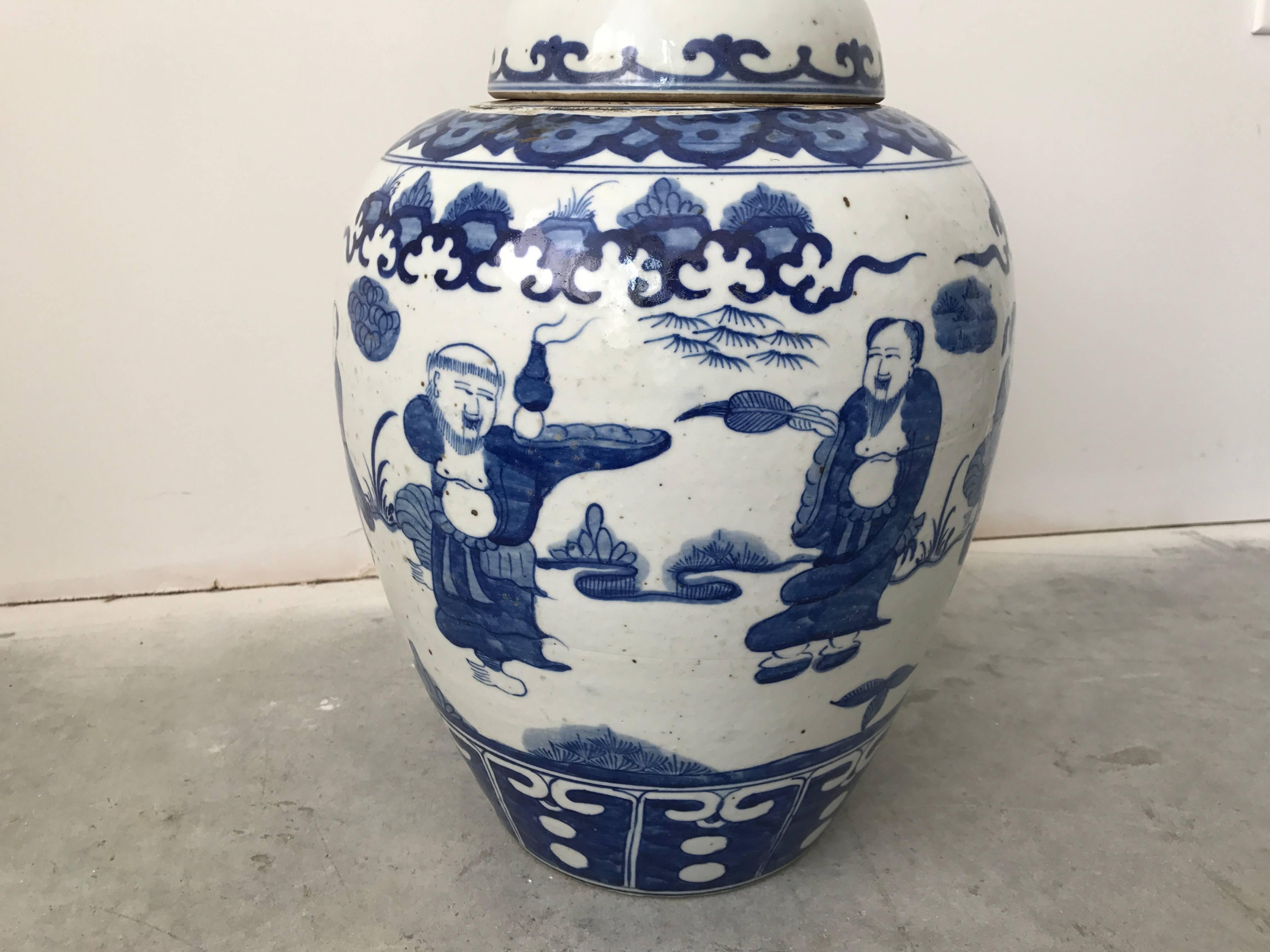Chinoiserie Large Asian Blue and White Ginger Jar Urn with Ornate Scenery and Handle For Sale