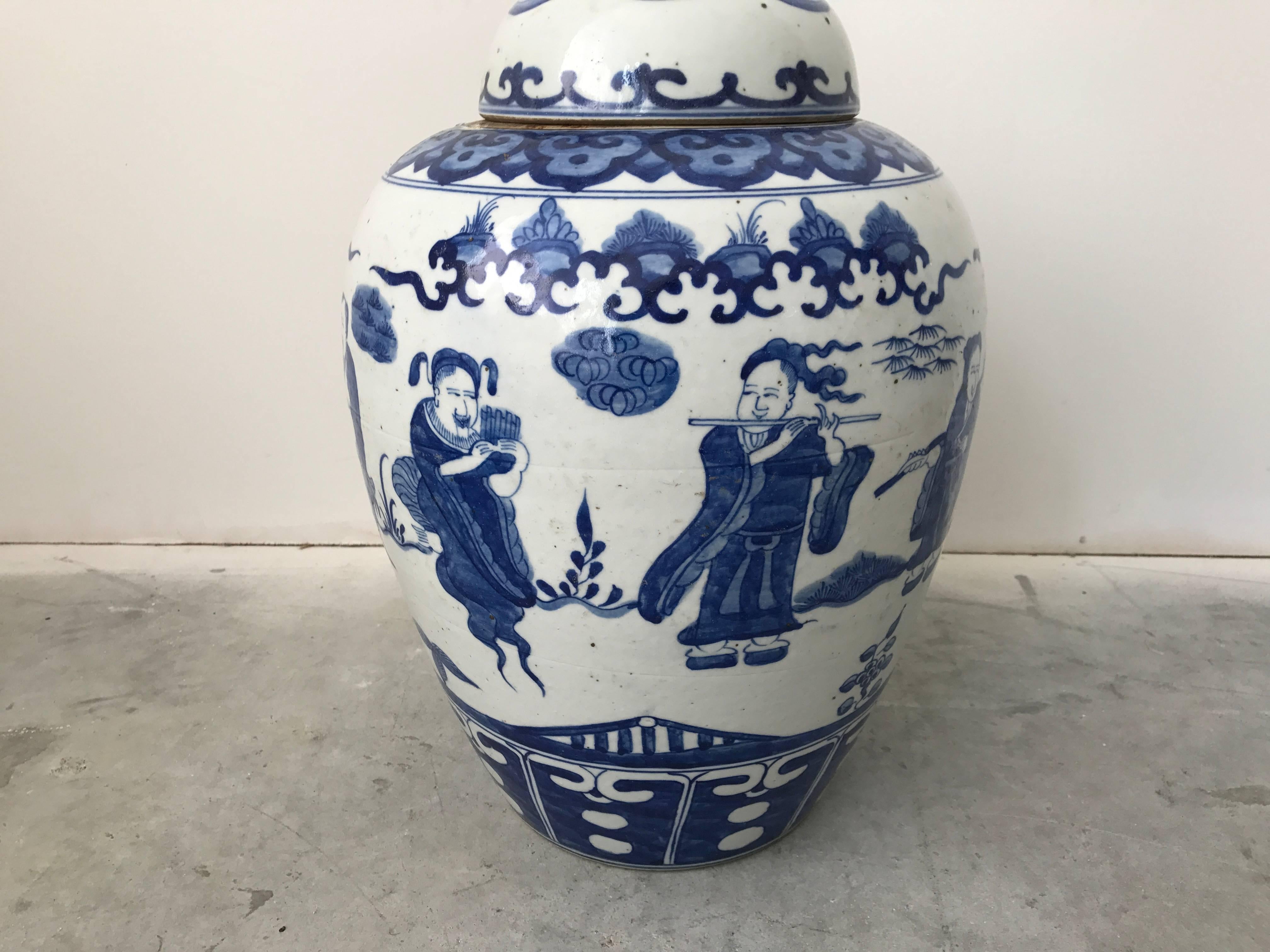 Fired Large Asian Blue and White Ginger Jar Urn with Ornate Scenery and Handle For Sale