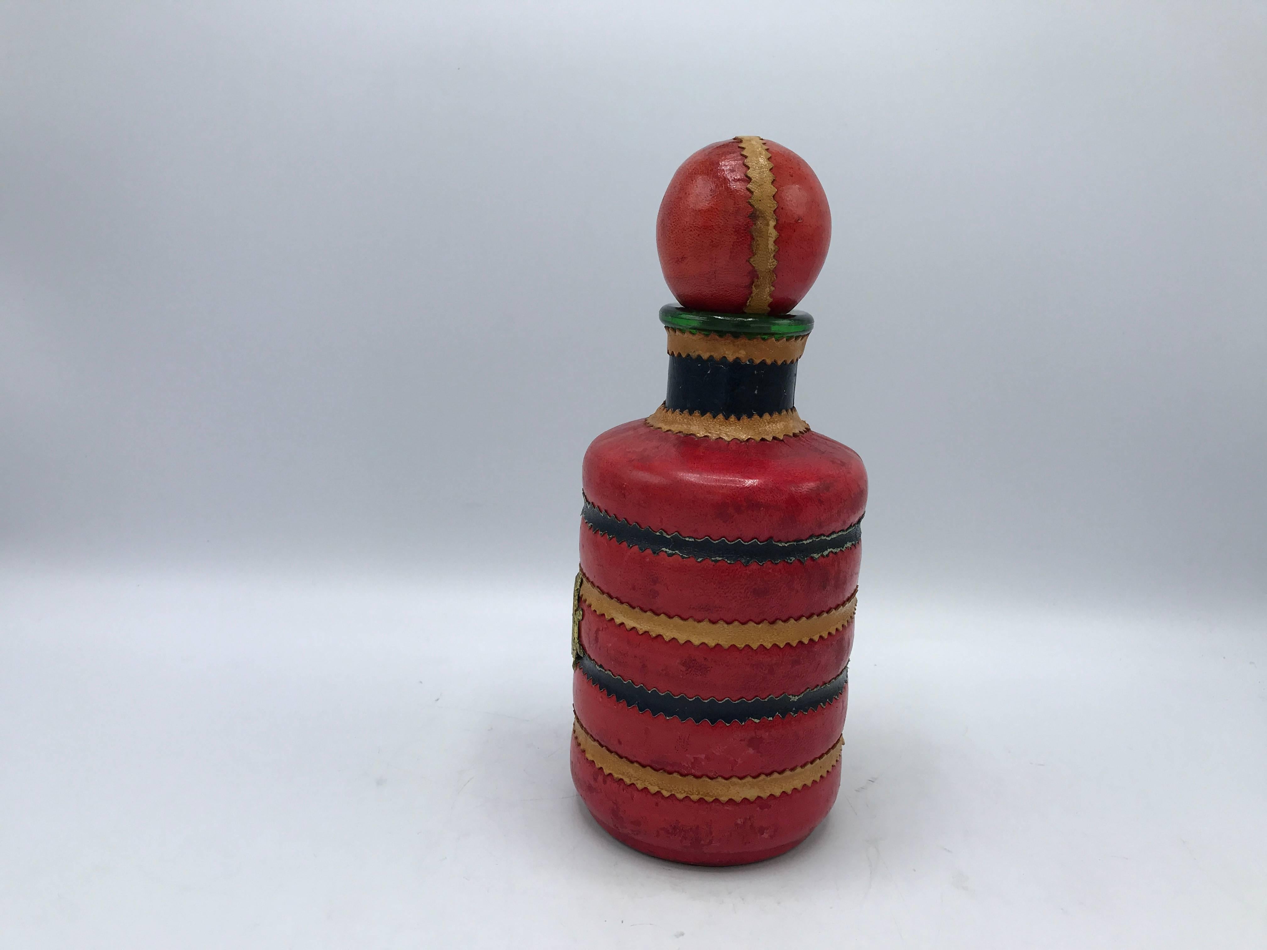 20th Century 1960s Italian Red Leather Decanter with Brass Nautical Ship Wheel