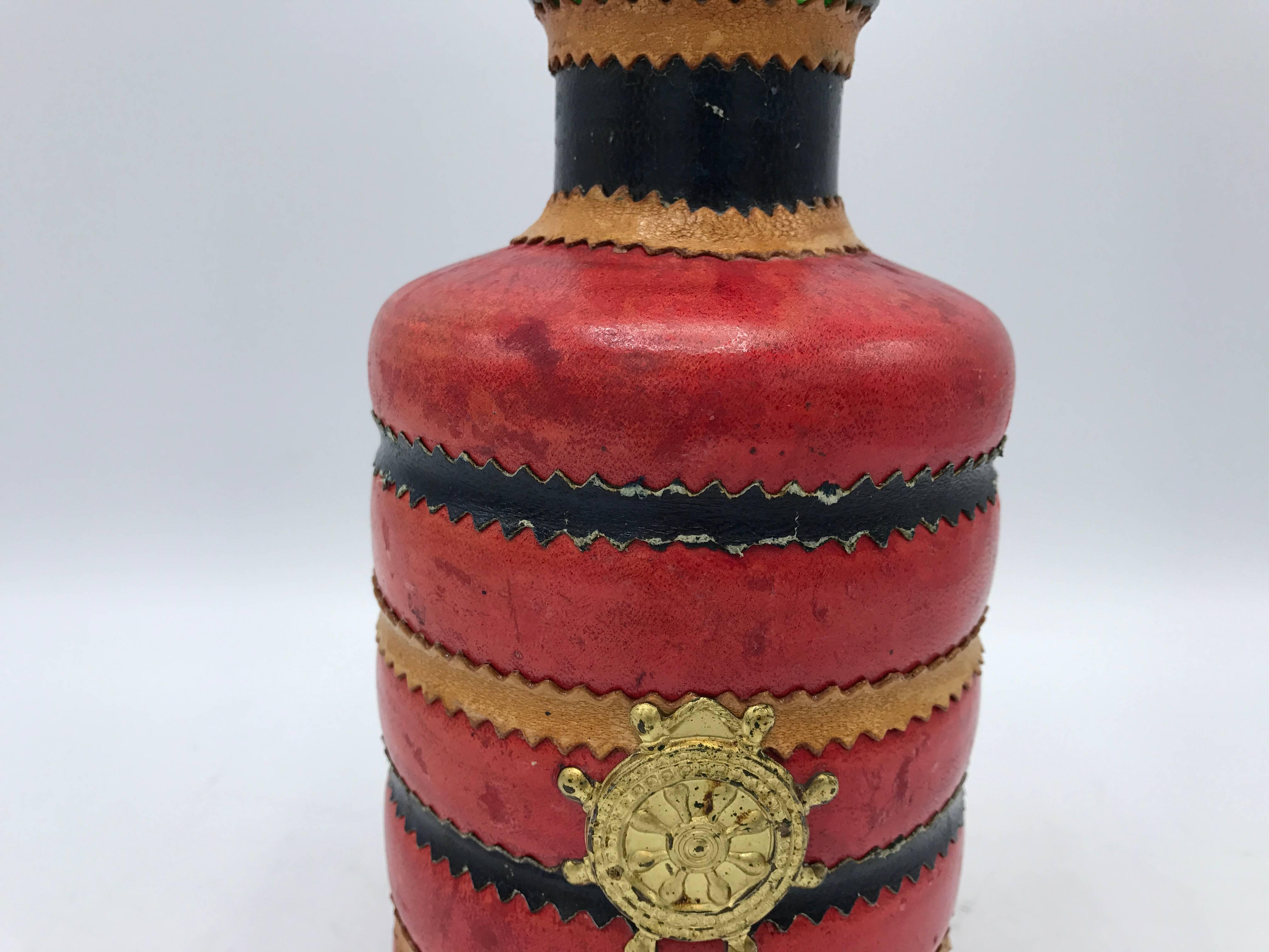 Modern 1960s Italian Red Leather Decanter with Brass Nautical Ship Wheel
