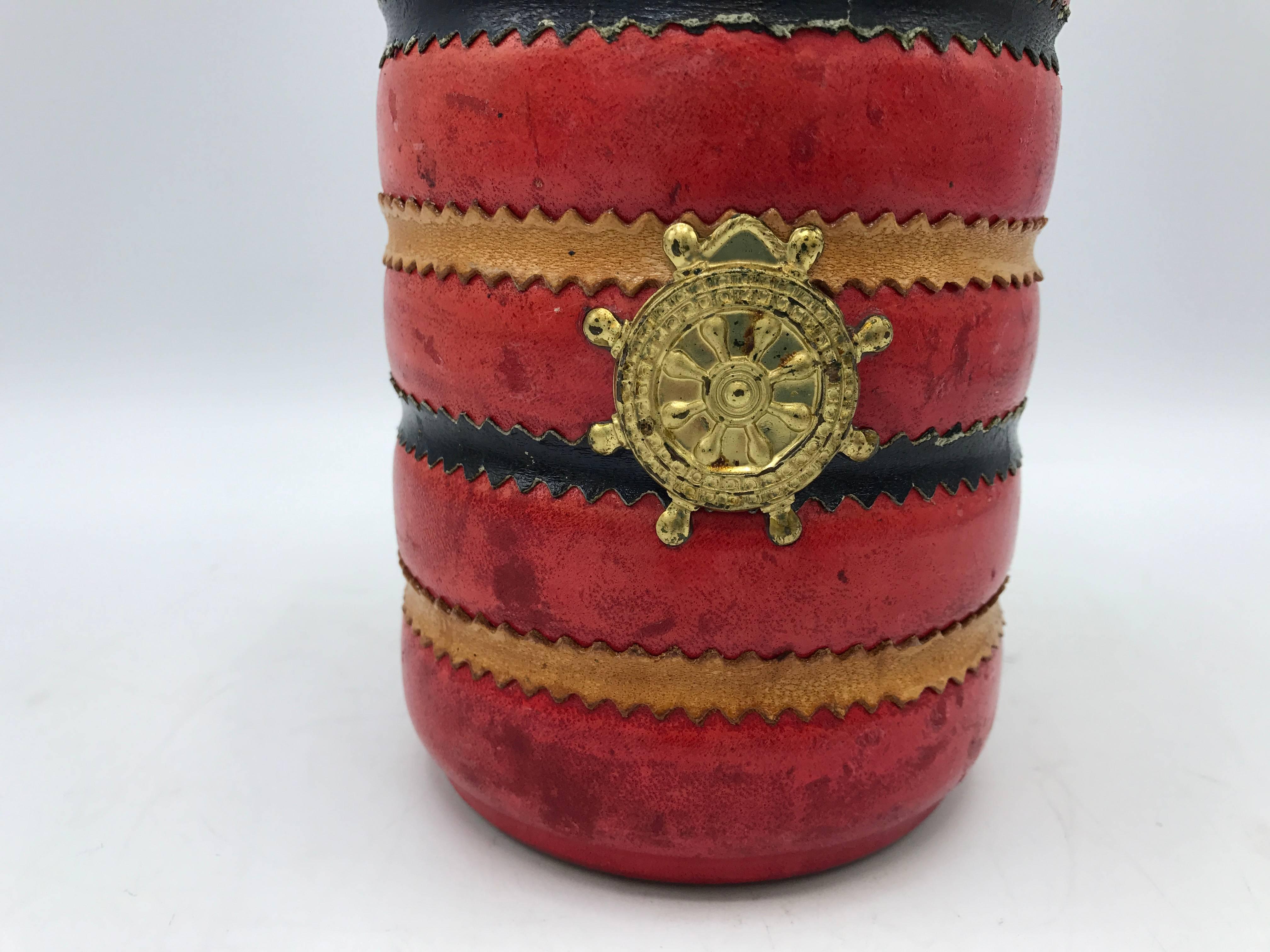 1960s Italian Red Leather Decanter with Brass Nautical Ship Wheel In Good Condition In Richmond, VA