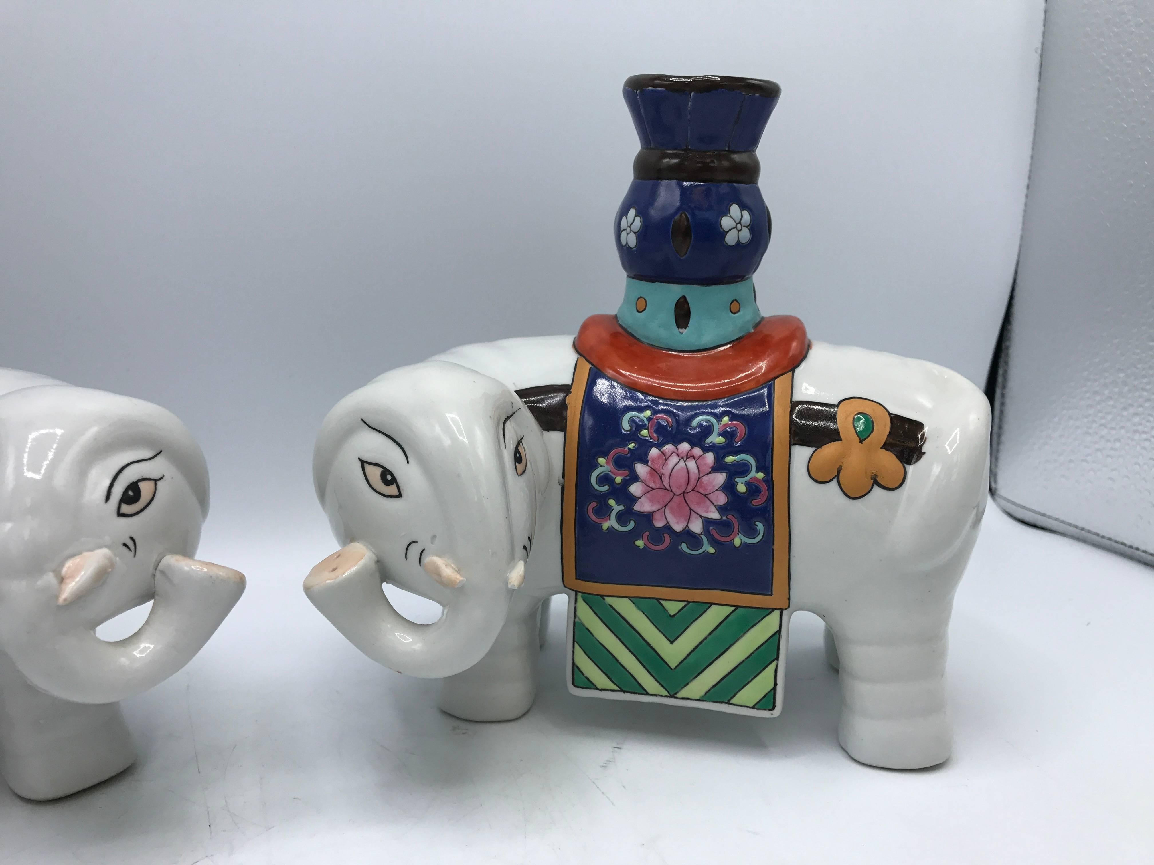 Chinoiserie 1960s Polychrome Ceramic Elephant Sculpture Candlestick Holders, Pair