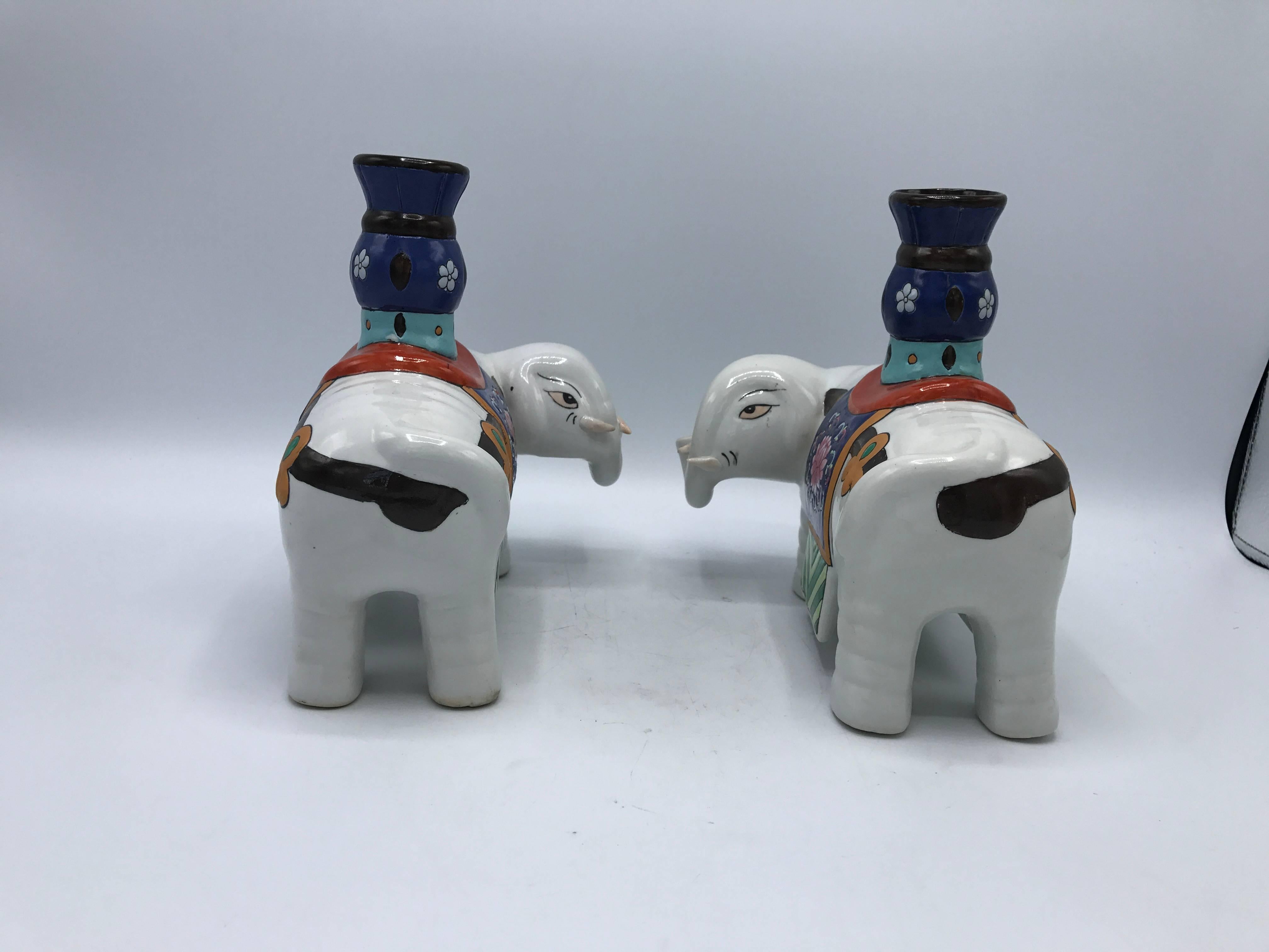 1960s Polychrome Ceramic Elephant Sculpture Candlestick Holders, Pair In Excellent Condition In Richmond, VA