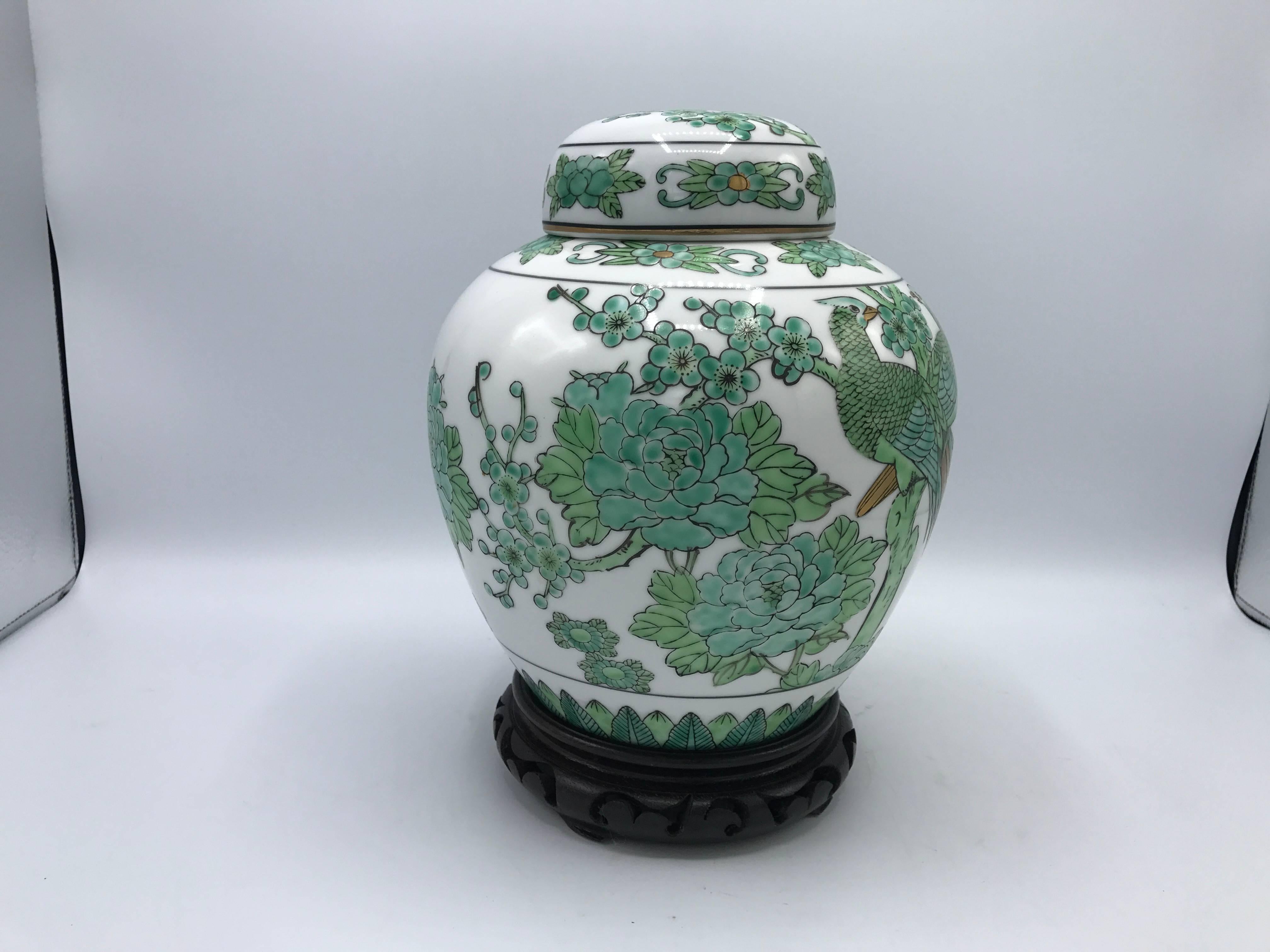 Hand-Painted 1960s Gold Imari Green, White, and Gold Peacock Motif Ginger Jar on Wood Stand