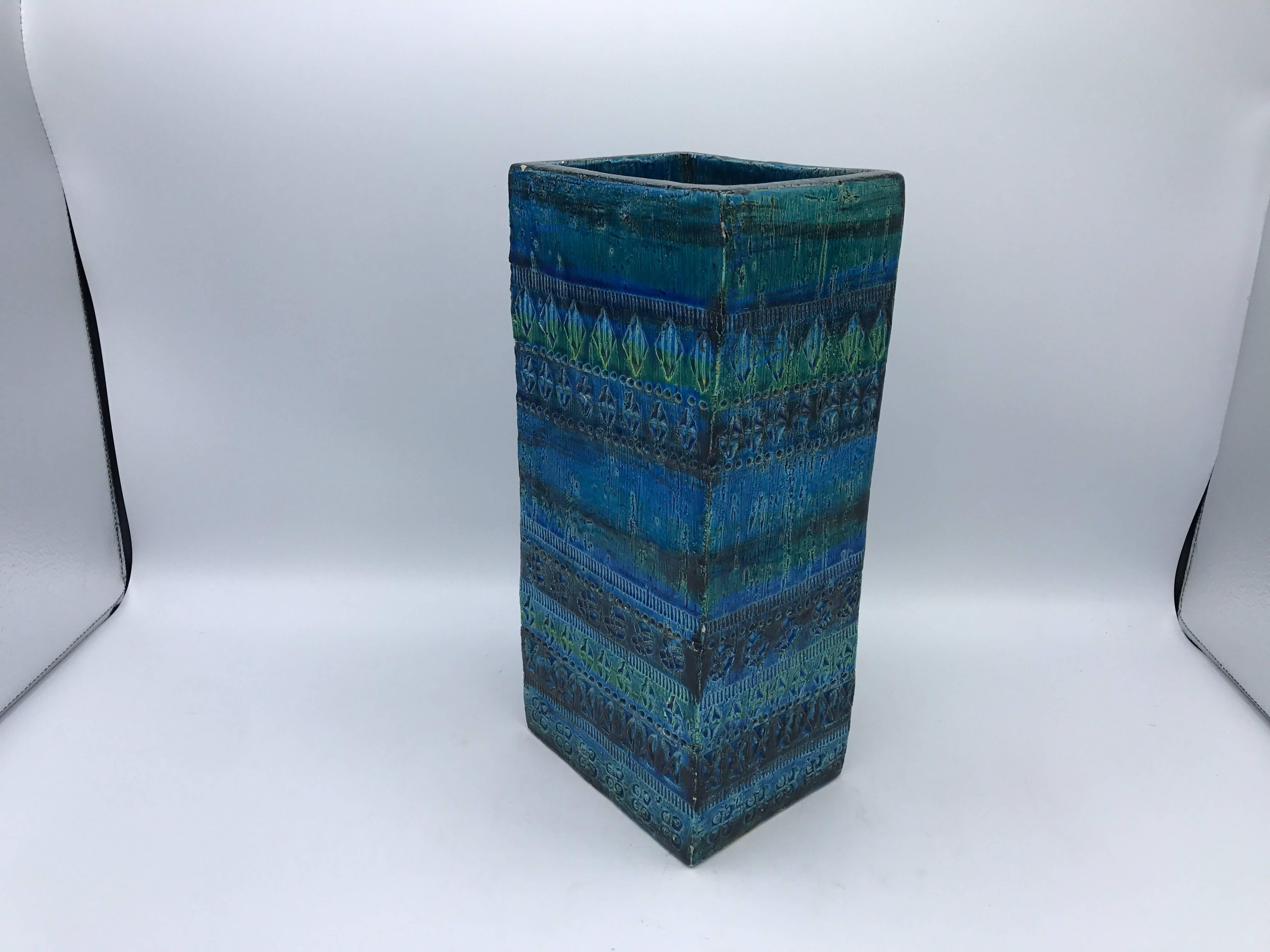 Offered is an extraordinary, large, 1960s Aldo Londi for Bitossi, Italy Rimini blue rectangular pottery vase cachepot. Holds water. Can easily convert into a lamp. Marked 'Italy' on underside. Notice, small chip along bottom, see image #7.

