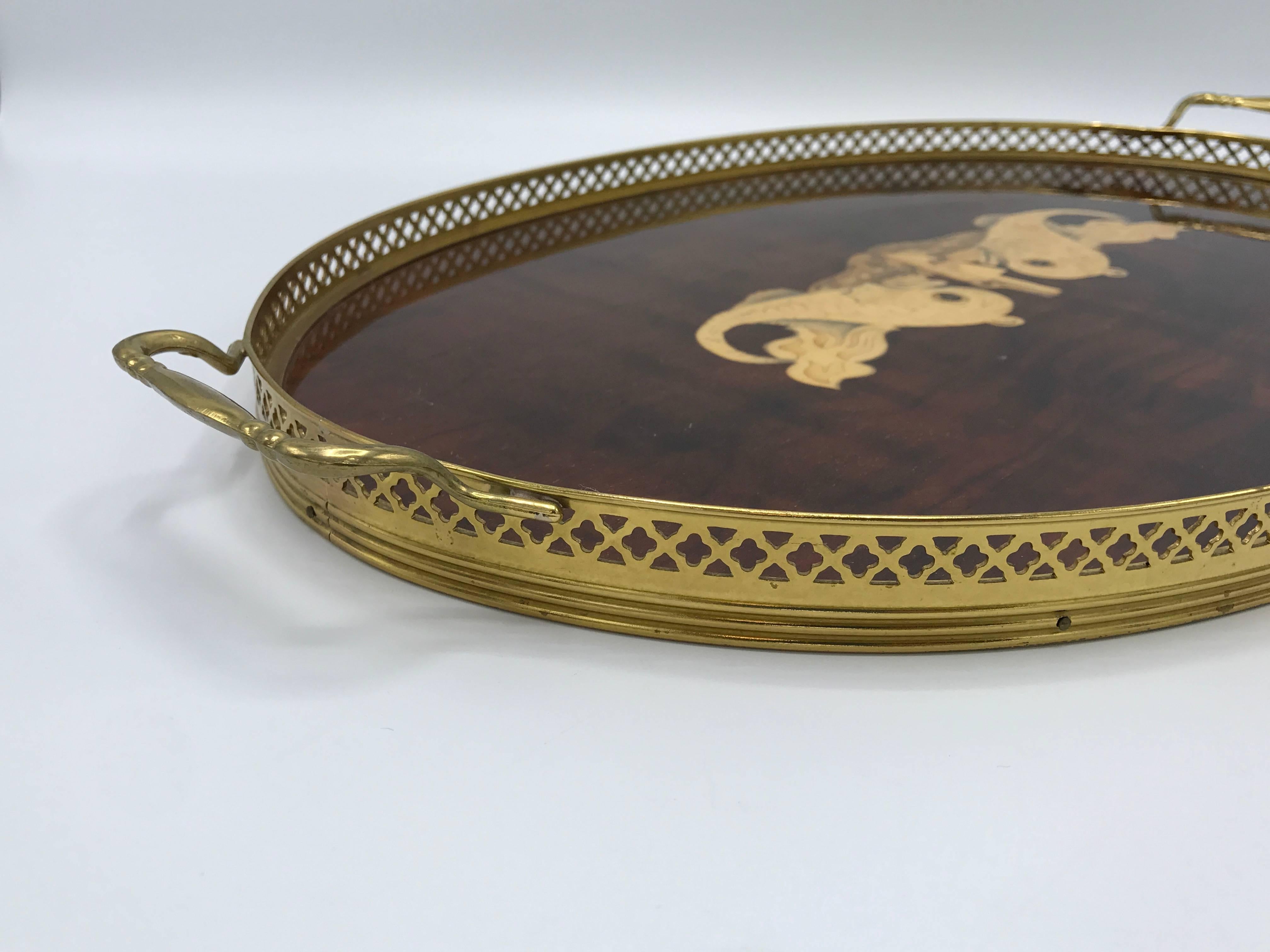 Inlay 1950s Italian Inlaid Lacquered Tray with Koi Fish Motif and Brass Gallery